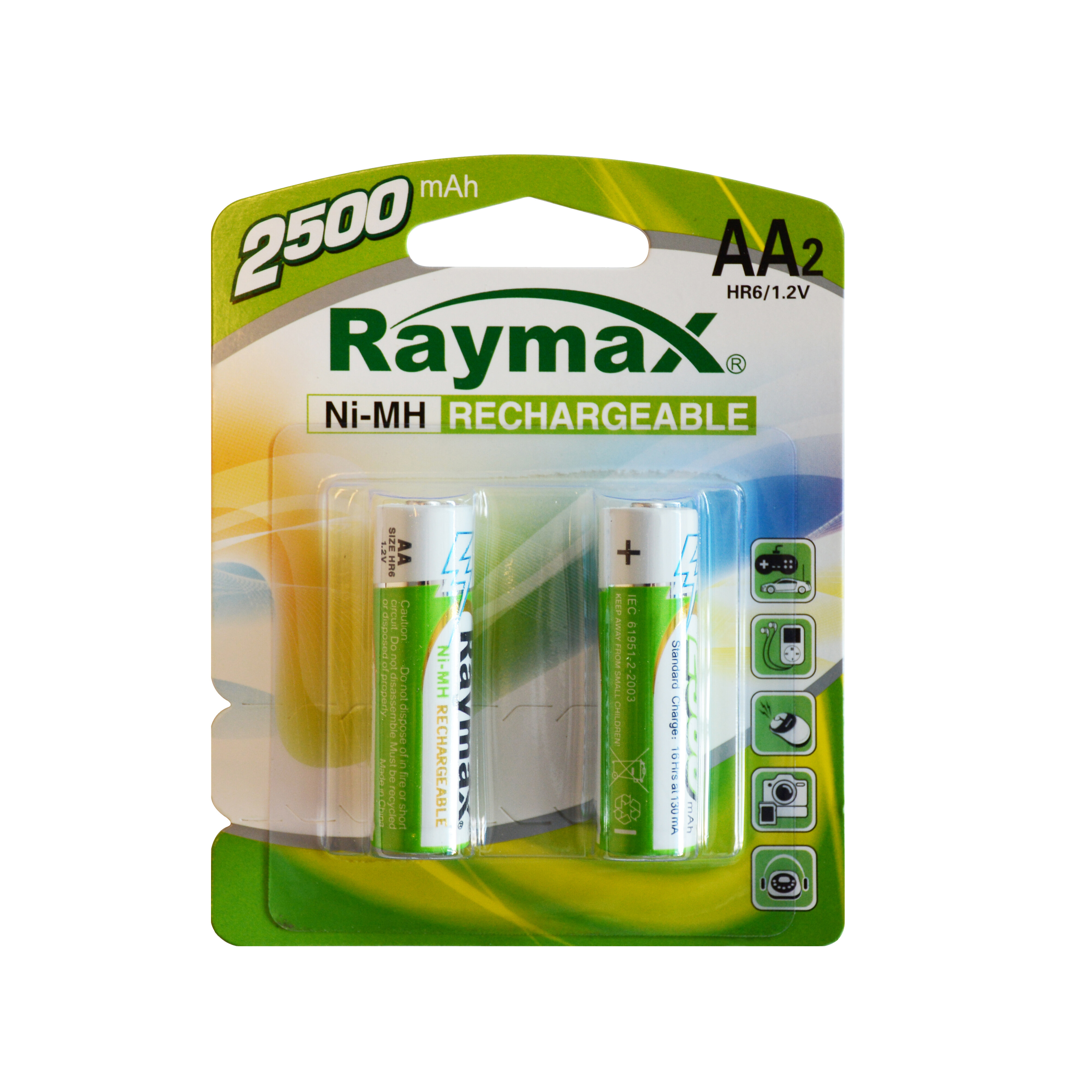 Raymax wholesale NIMH HR6 AA 2500mAh rechargeable batteries, Long lasting, pack of 2