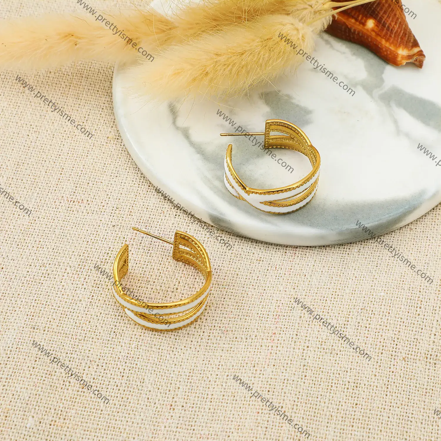 Double C Style with Wite Enamel Stainless Steel Hoop Earring (4).webp