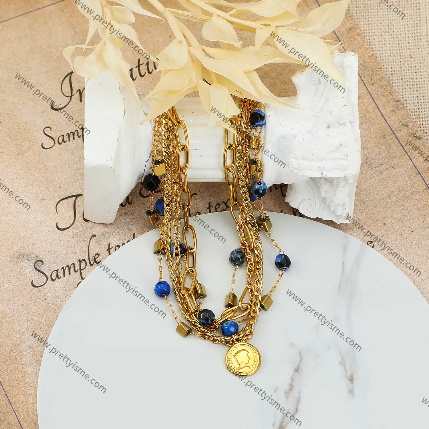 Multi Layers With lapis lazuli natural stone women head pendant stainless steel bracelet (1).webp