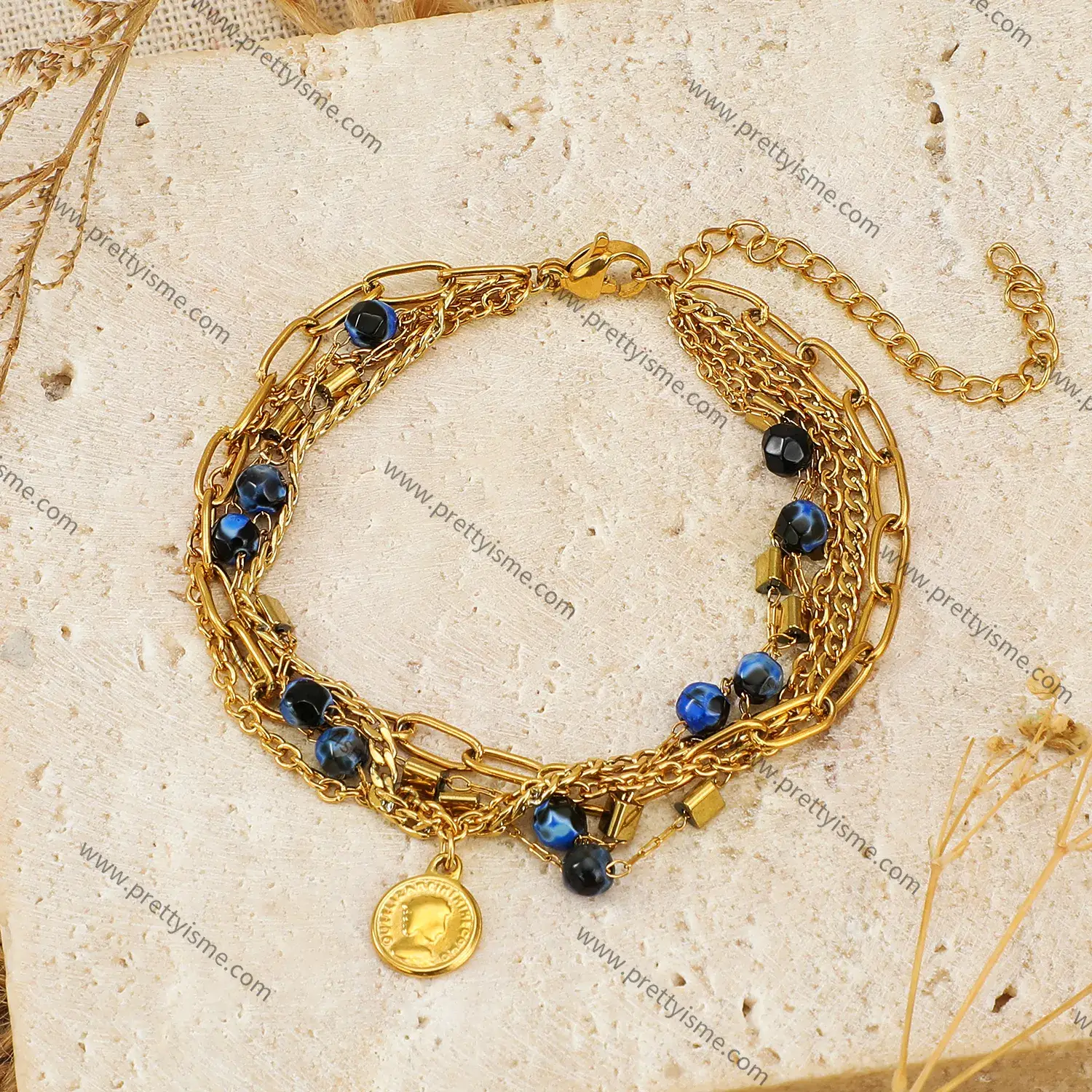 Multi Layers With lapis lazuli natural stone women head pendant stainless steel bracelet (3).webp
