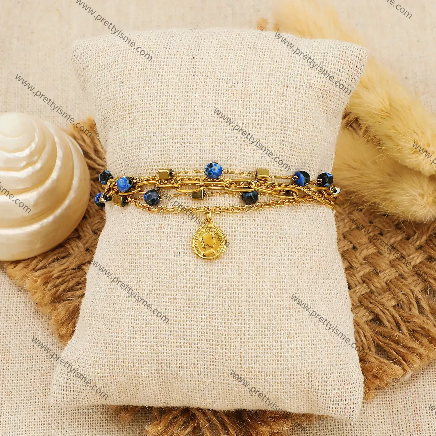 Multi Layers With lapis lazuli natural stone women head pendant stainless steel bracelet (2).webp