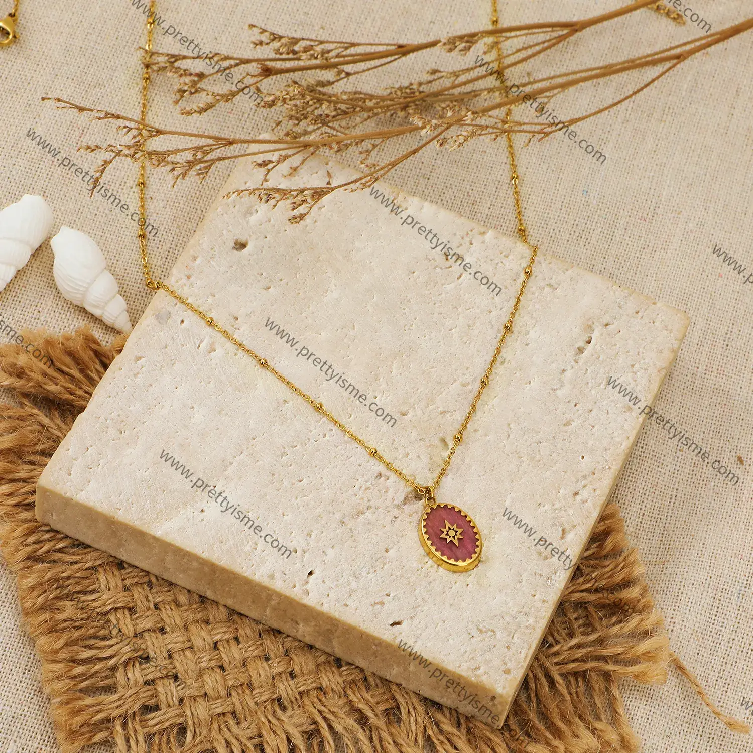 French Style Pink Quartz Pendant Bead Chain Stainless Steel Necklace (2)(1).webp