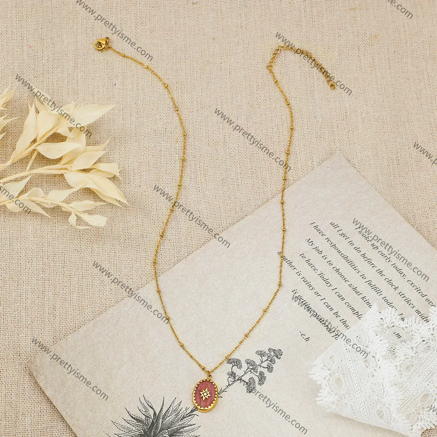 French Style Pink Quartz Pendant Bead Chain Stainless Steel Necklace (1)(1).webp
