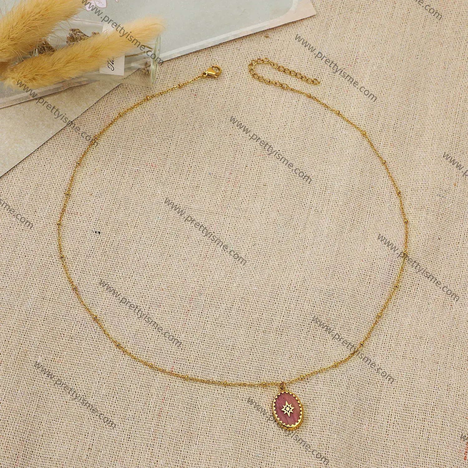 French Style Pink Quartz Pendant Bead Chain Stainless Steel Necklace (4)(1).webp