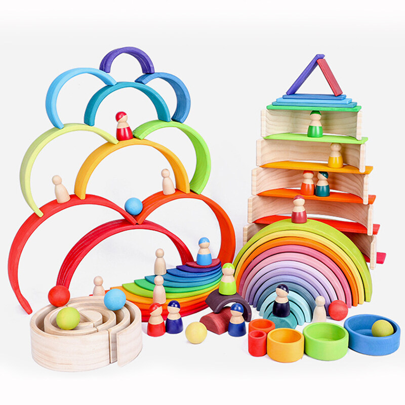 12 Layers Rainbow block set- Creative Montessori DIY- Kids Educational Toys Wooden Stacker Building Blocks