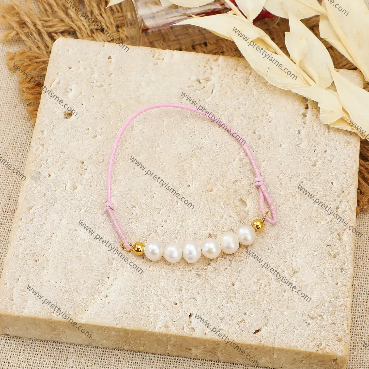 Hand Braided Pink Bracelet with Pearl Bracelet Ball Beads (3).webp