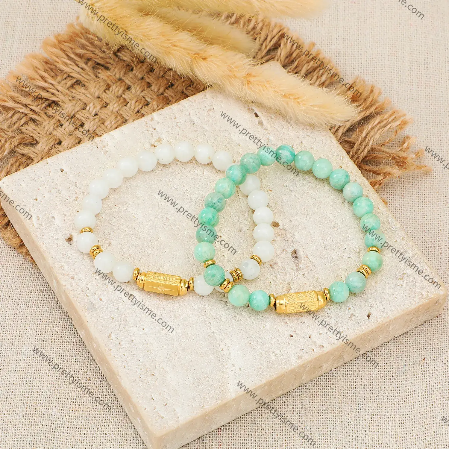 Preppy Style Green Bead White Bead Simple Bracelet Gold Plated With Carved Stainless Steel Bracelet (2).webp