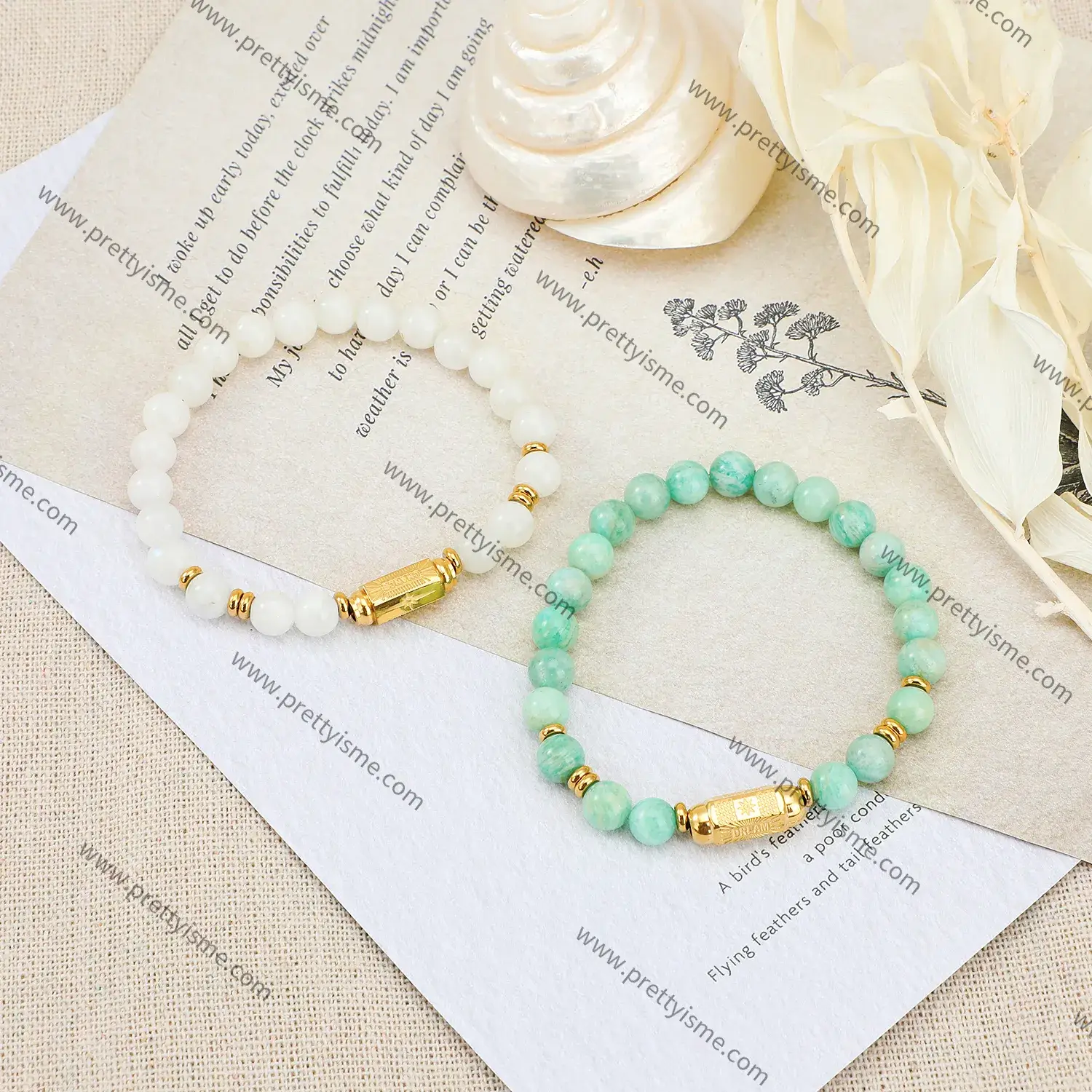 Preppy Style Green Bead White Bead Simple Bracelet Gold Plated With Carved Stainless Steel Bracelet.webp