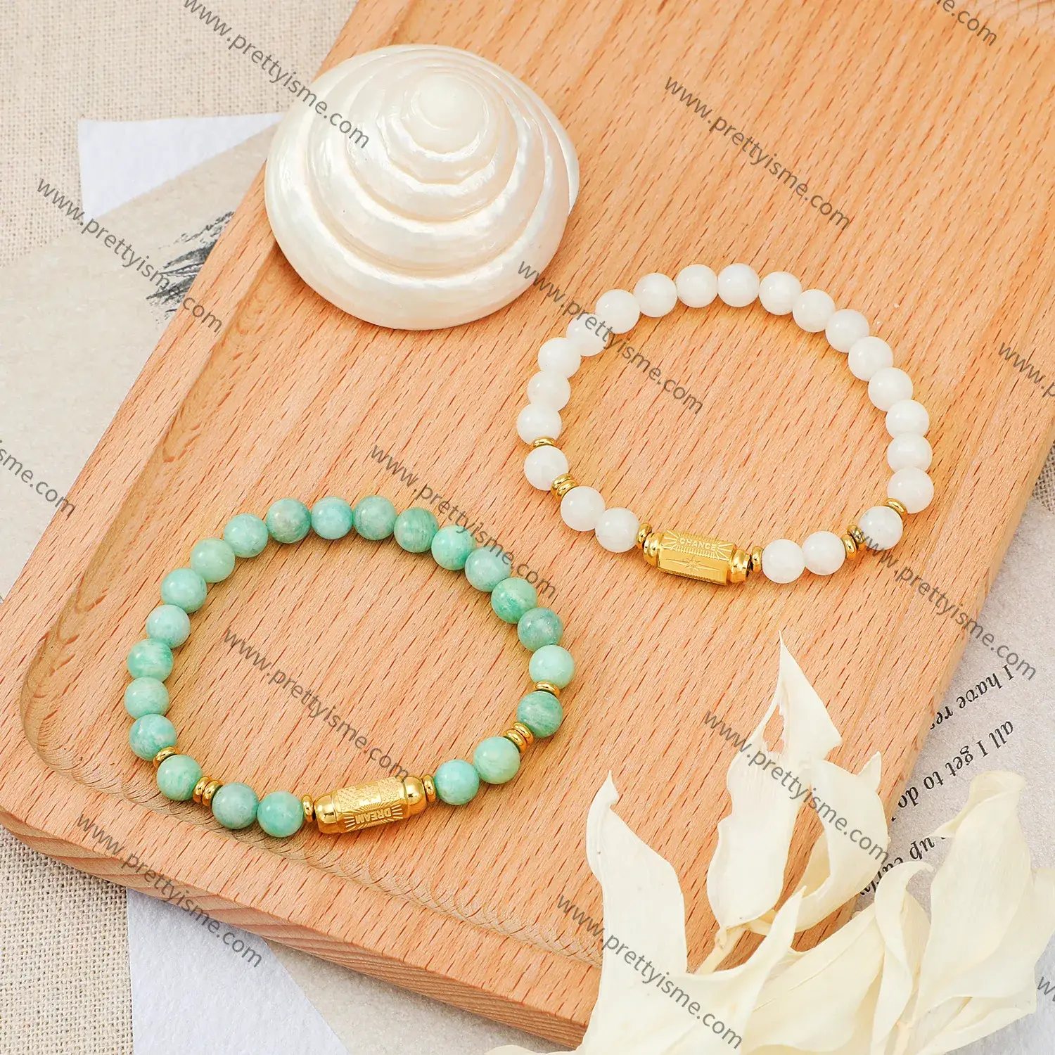 Preppy Style Green Bead White Bead Simple Bracelet Gold Plated With Carved Stainless Steel Bracelet (3).webp