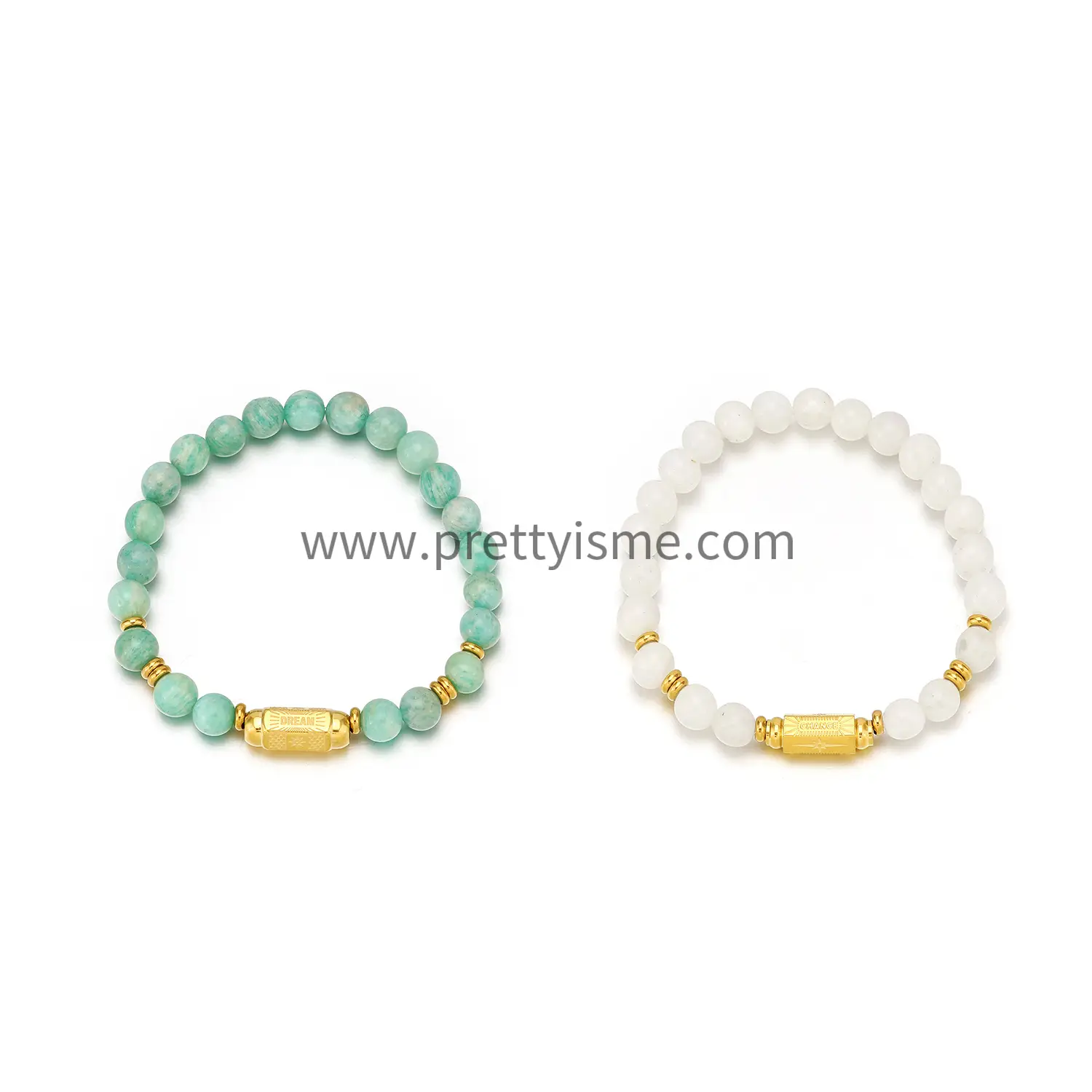 Preppy Style Green Bead White Bead Simple Bracelet Gold Plated With Carved Stainless Steel Bracelet (8).webp