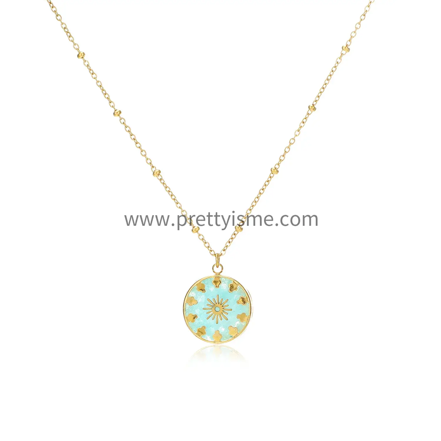 French style Blue Round Pendant Chain Inlaid Gold Plated Pattern Delicate Stainless Steel Necklace (5).webp