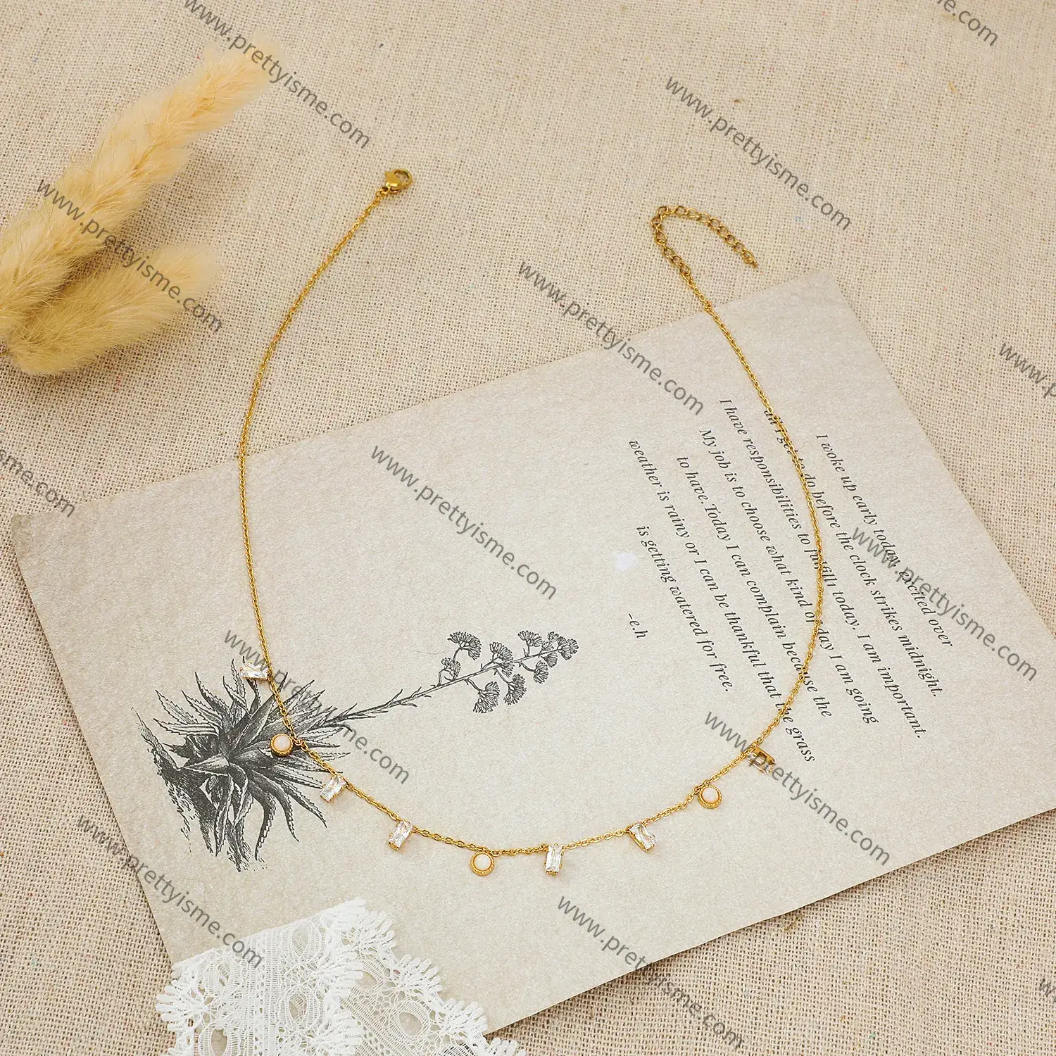 French style pendant chain set with diamonds pearls gold-plated simple stainless steel necklace (4).webp