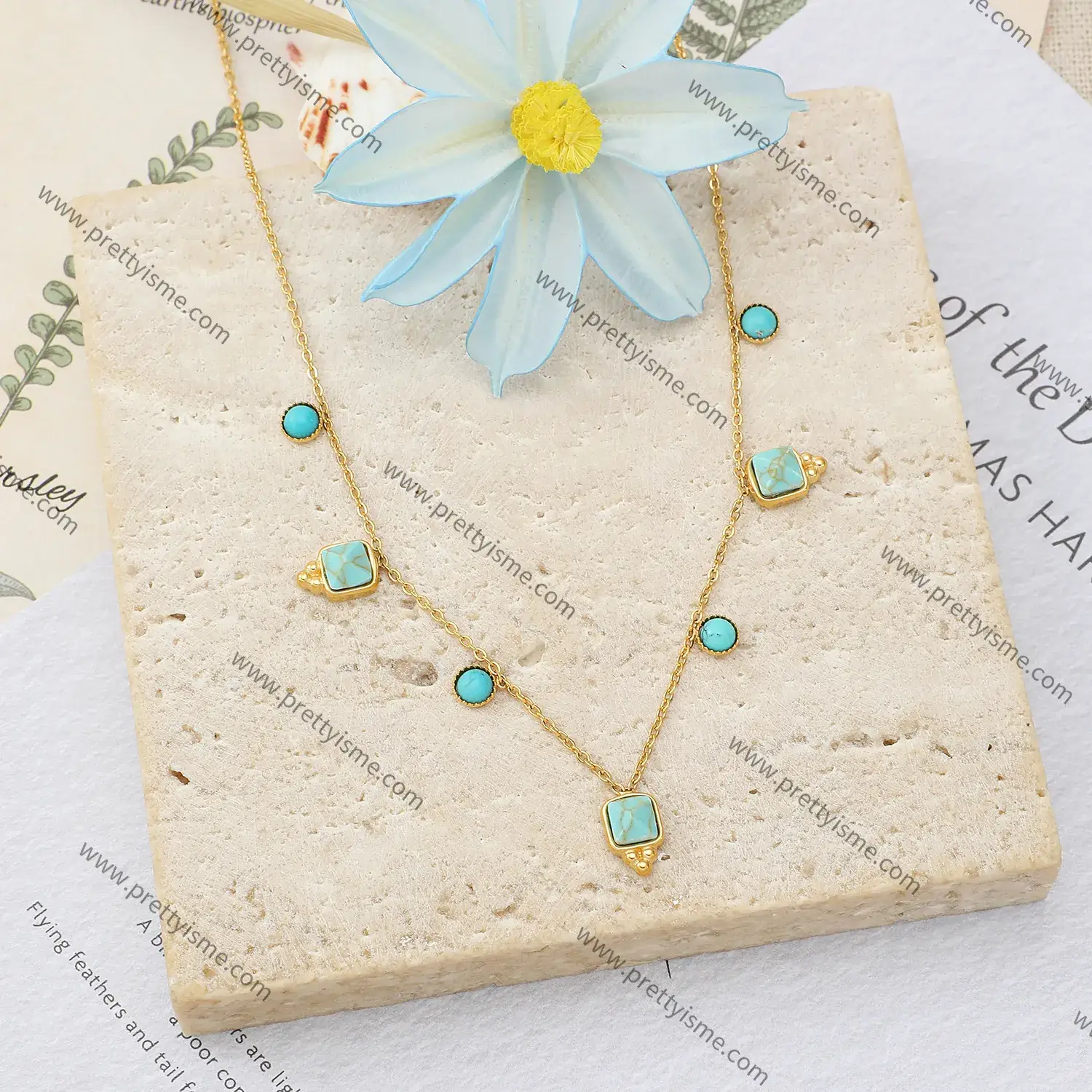Daily Commuter Style Gold-plated Pendant Chain Blue Floral Stones of Delicate Steel Necklace (4).webp