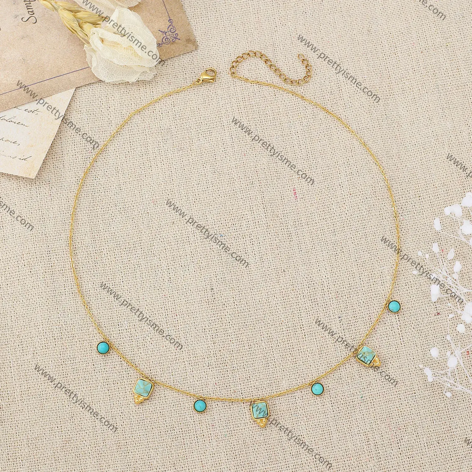 Daily Commuter Style Gold-plated Pendant Chain Blue Floral Stones of Delicate Steel Necklace.webp