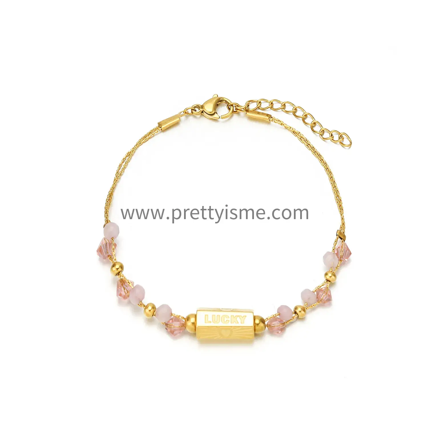 Pink Crystal Diamond Stainless Steel Bracelet Engraved LUCKY Gold Plated Fashion Bracelet (5).webp