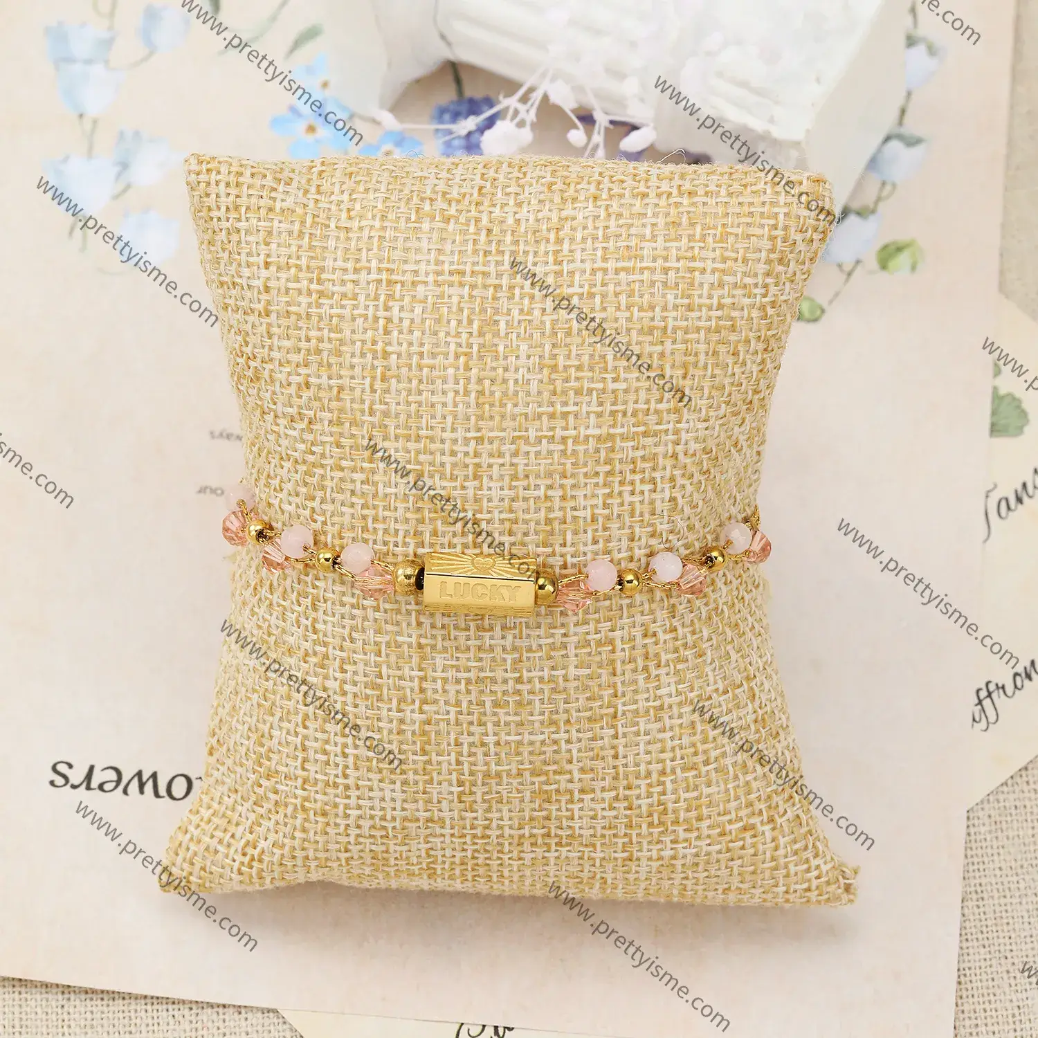 Pink Crystal Diamond Stainless Steel Bracelet Engraved LUCKY Gold Plated Fashion Bracelet (2).webp