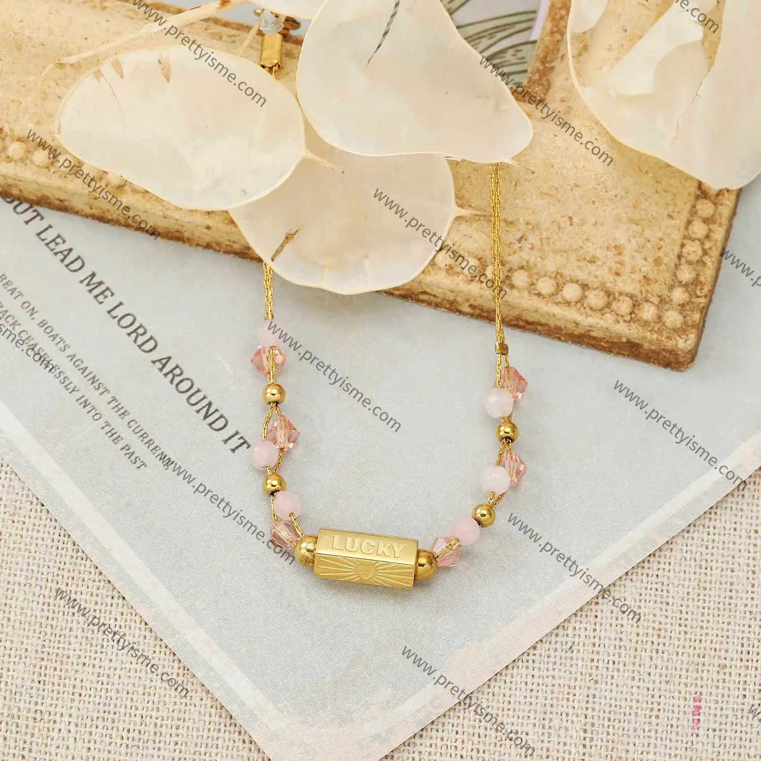 Pink Crystal Diamond Stainless Steel Bracelet Engraved LUCKY Gold Plated Fashion Bracelet (4).webp