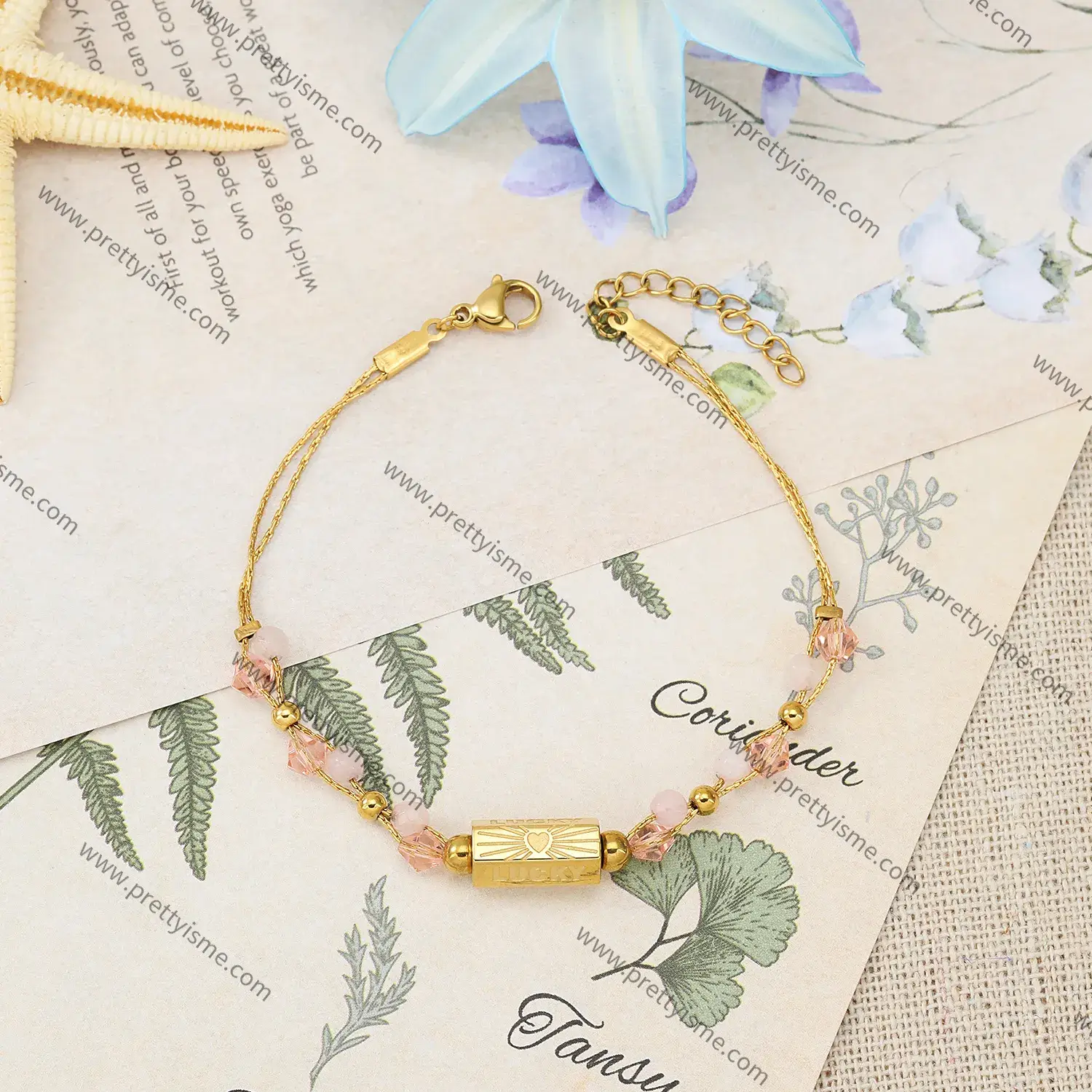 Pink Crystal Diamond Stainless Steel Bracelet Engraved LUCKY Gold Plated Fashion Bracelet (3).webp