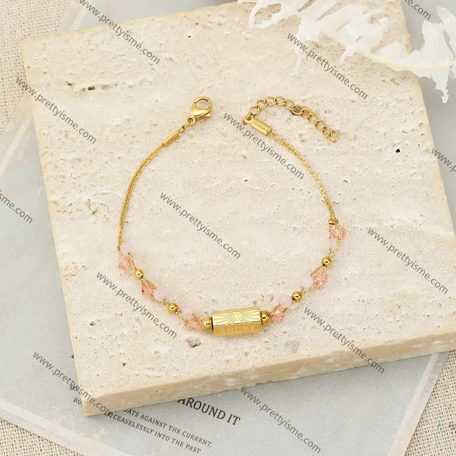 Pink Crystal Diamond Stainless Steel Bracelet Engraved LUCKY Gold Plated Fashion Bracelet.webp