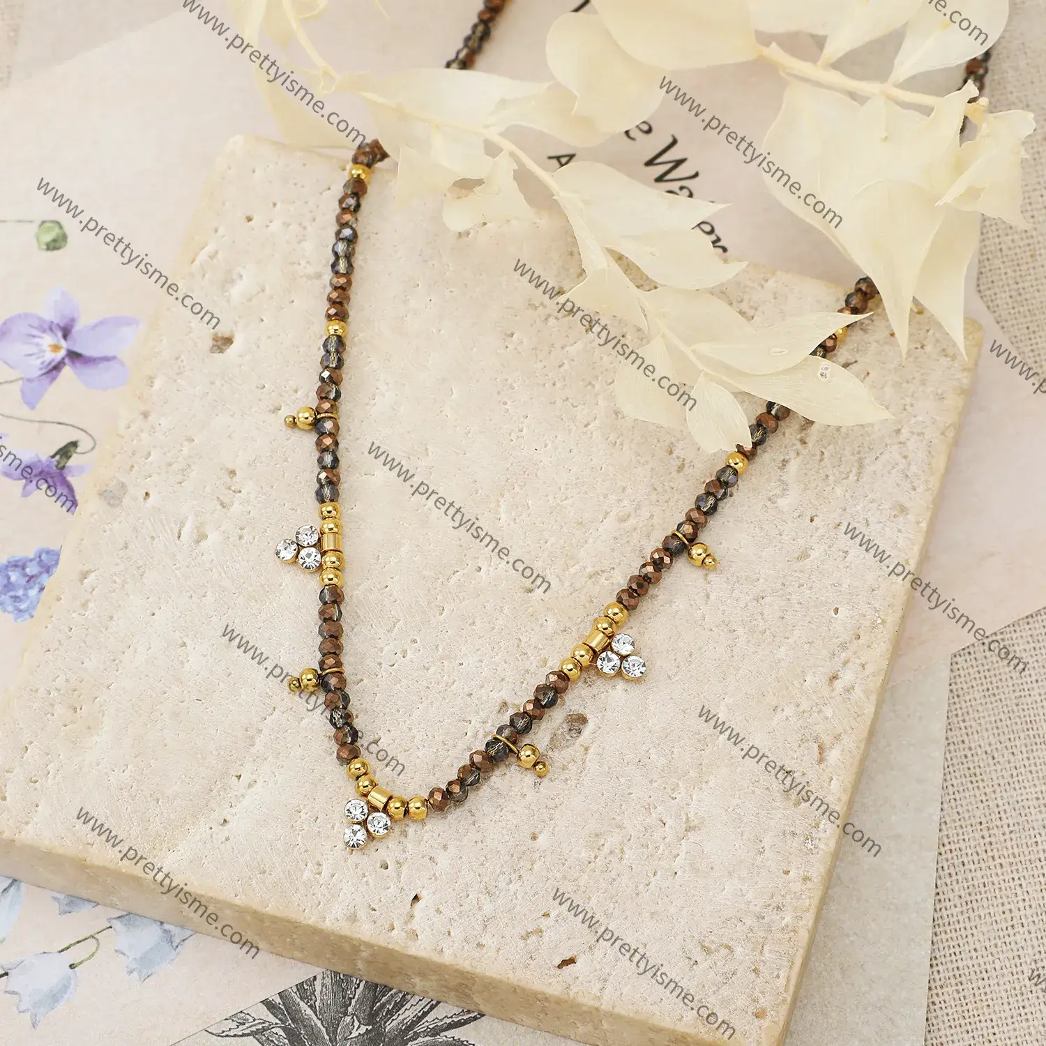 Neutral Style Brown Crystal Pendant Chain Set Diamond Mature Style Stainless Steel Necklace (2).webp