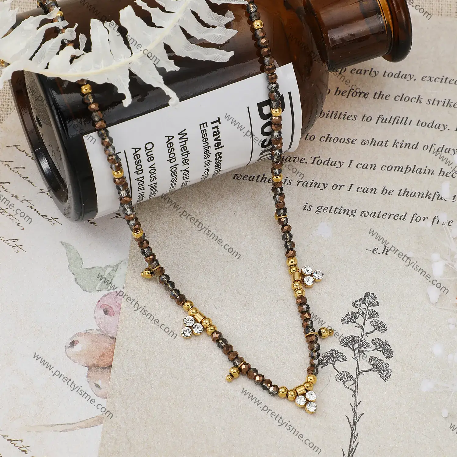 Neutral Style Brown Crystal Pendant Chain Set Diamond Mature Style Stainless Steel Necklace.webp