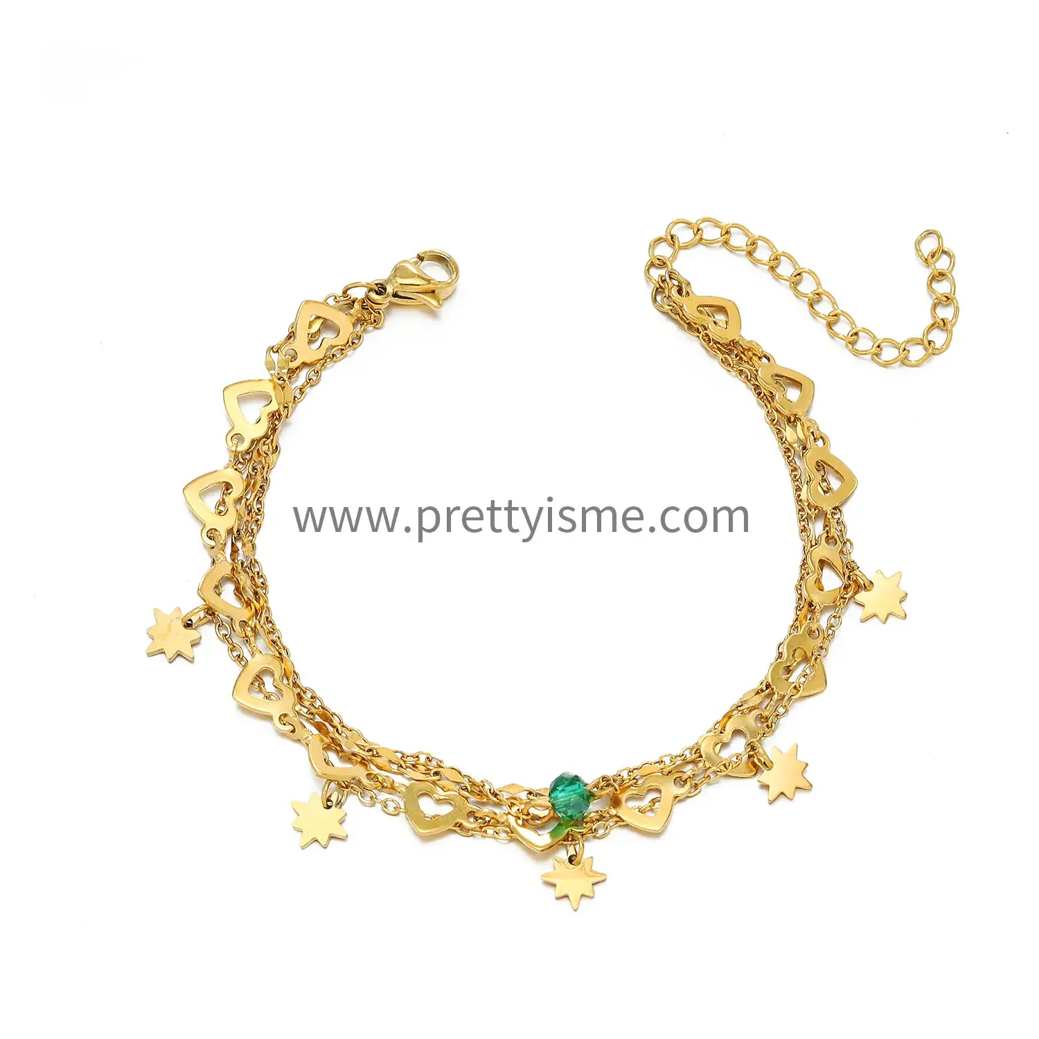 Multilayer Stainless Bracelet with Stars Heart Graphic with Green Beads Gold Plated Fashion Bracelet (5).webp
