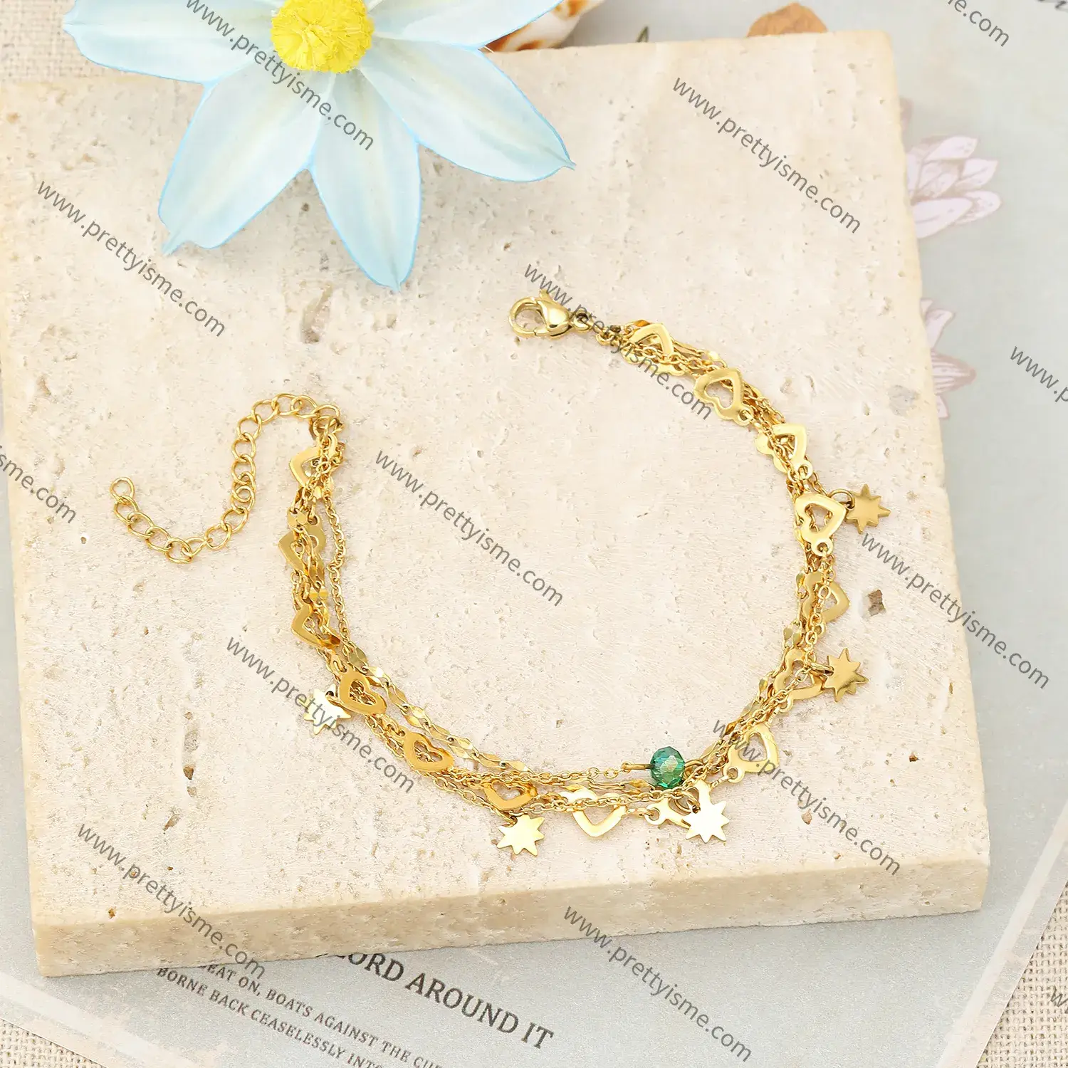 Multilayer Stainless Bracelet with Stars Heart Graphic with Green Beads Gold Plated Fashion Bracelet (2).webp