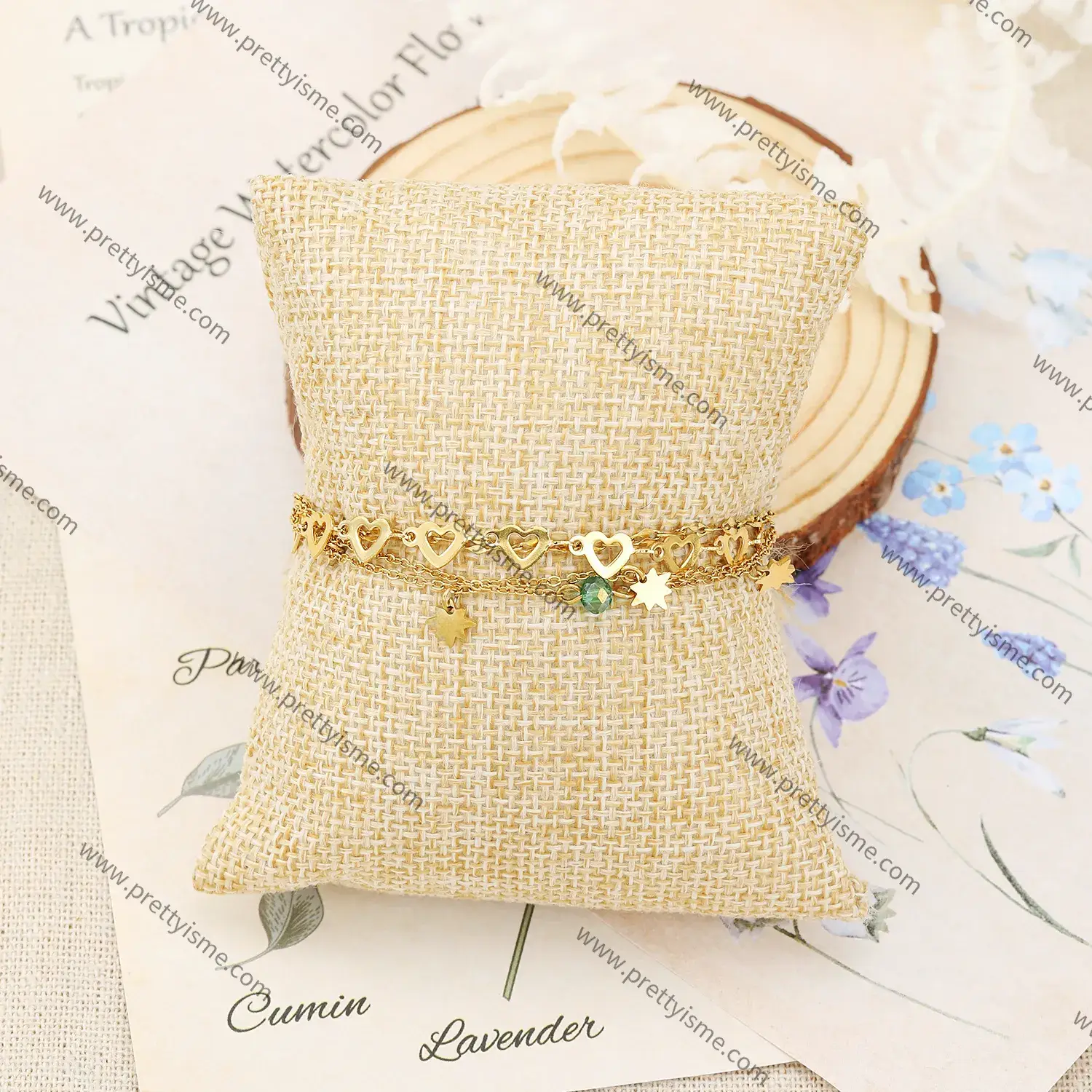 Multilayer Stainless Bracelet with Stars Heart Graphic with Green Beads Gold Plated Fashion Bracelet.webp
