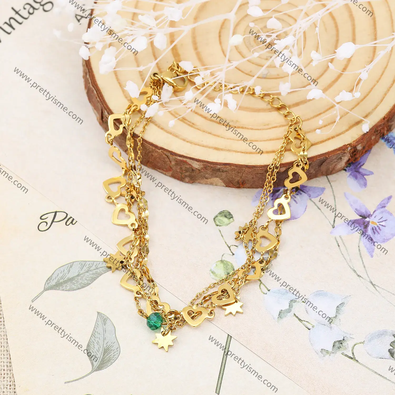 Multilayer Stainless Bracelet with Stars Heart Graphic with Green Beads Gold Plated Fashion Bracelet (4).webp