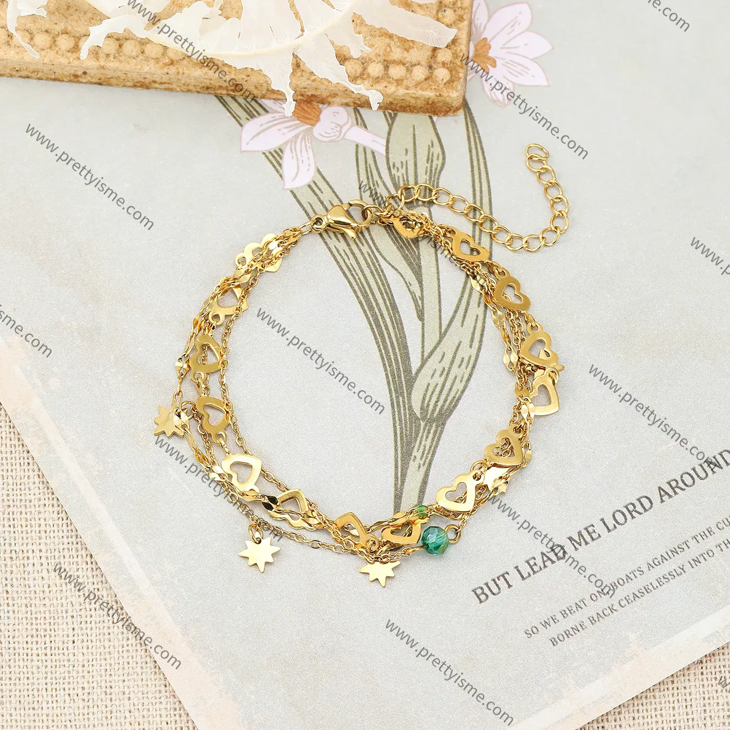 Multilayer Stainless Bracelet with Stars Heart Graphic with Green Beads Gold Plated Fashion Bracelet (3).webp