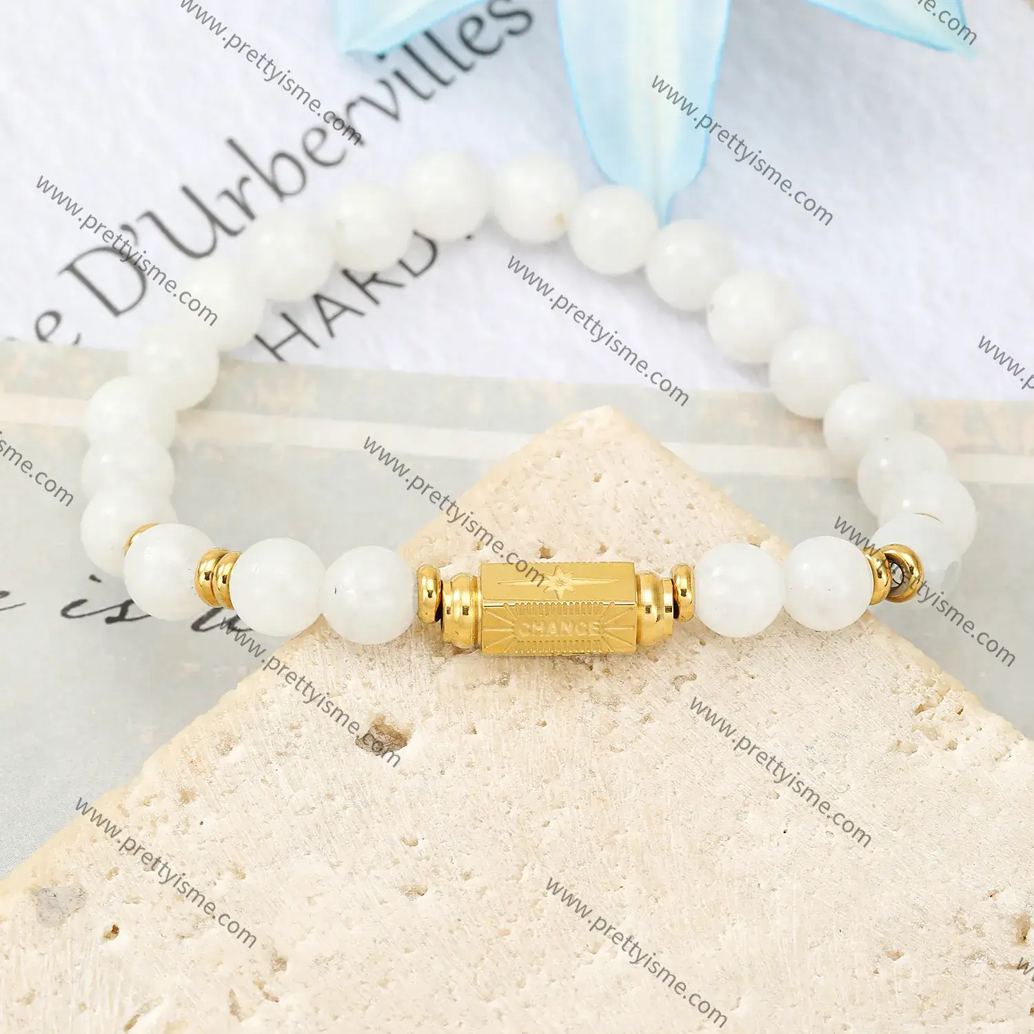 Preppy Style White Pearl Simple Bracelet Gold-plated with Carved CHANCE Stainless Steel Bracelet (4).webp
