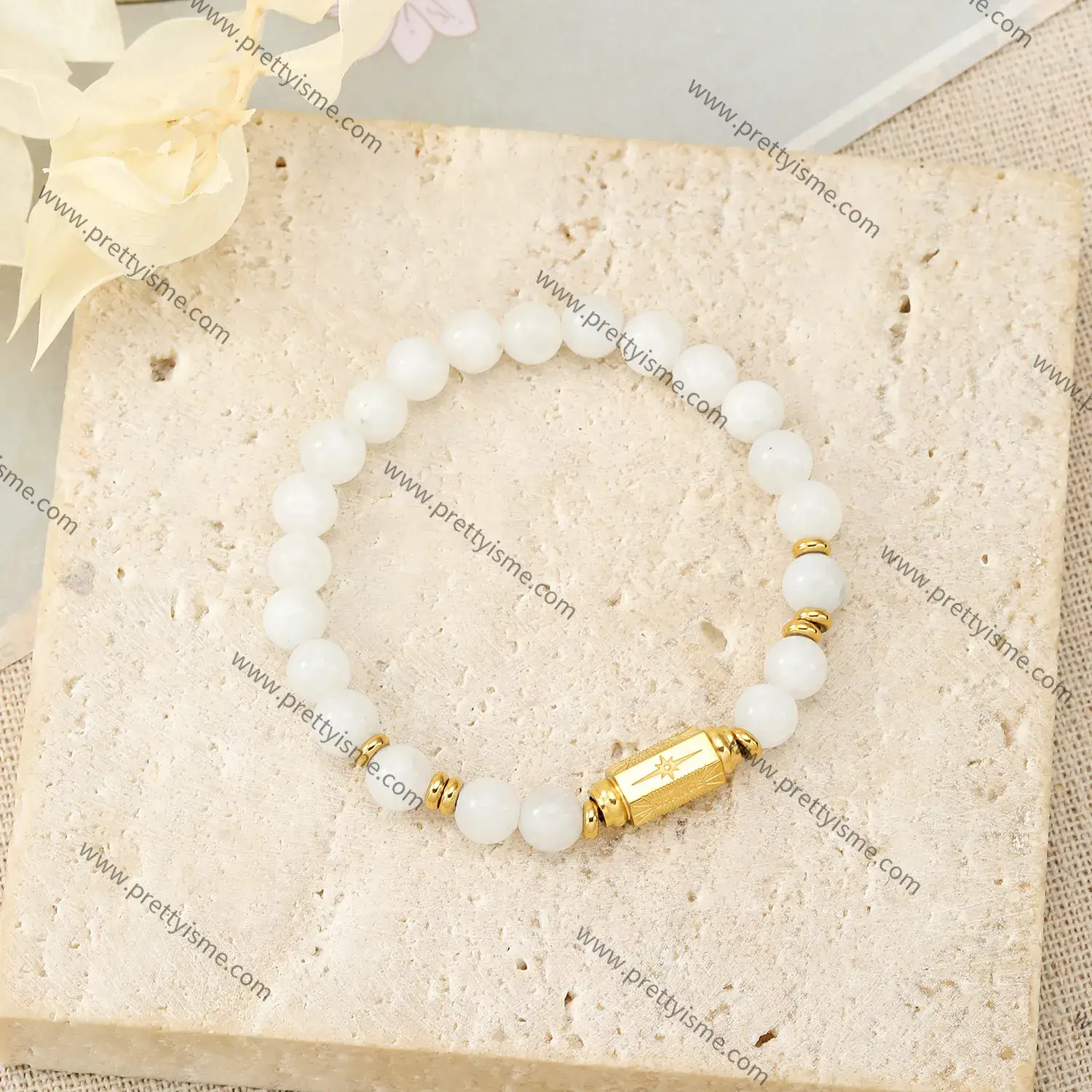 Preppy Style White Pearl Simple Bracelet Gold-plated with Carved CHANCE Stainless Steel Bracelet.webp