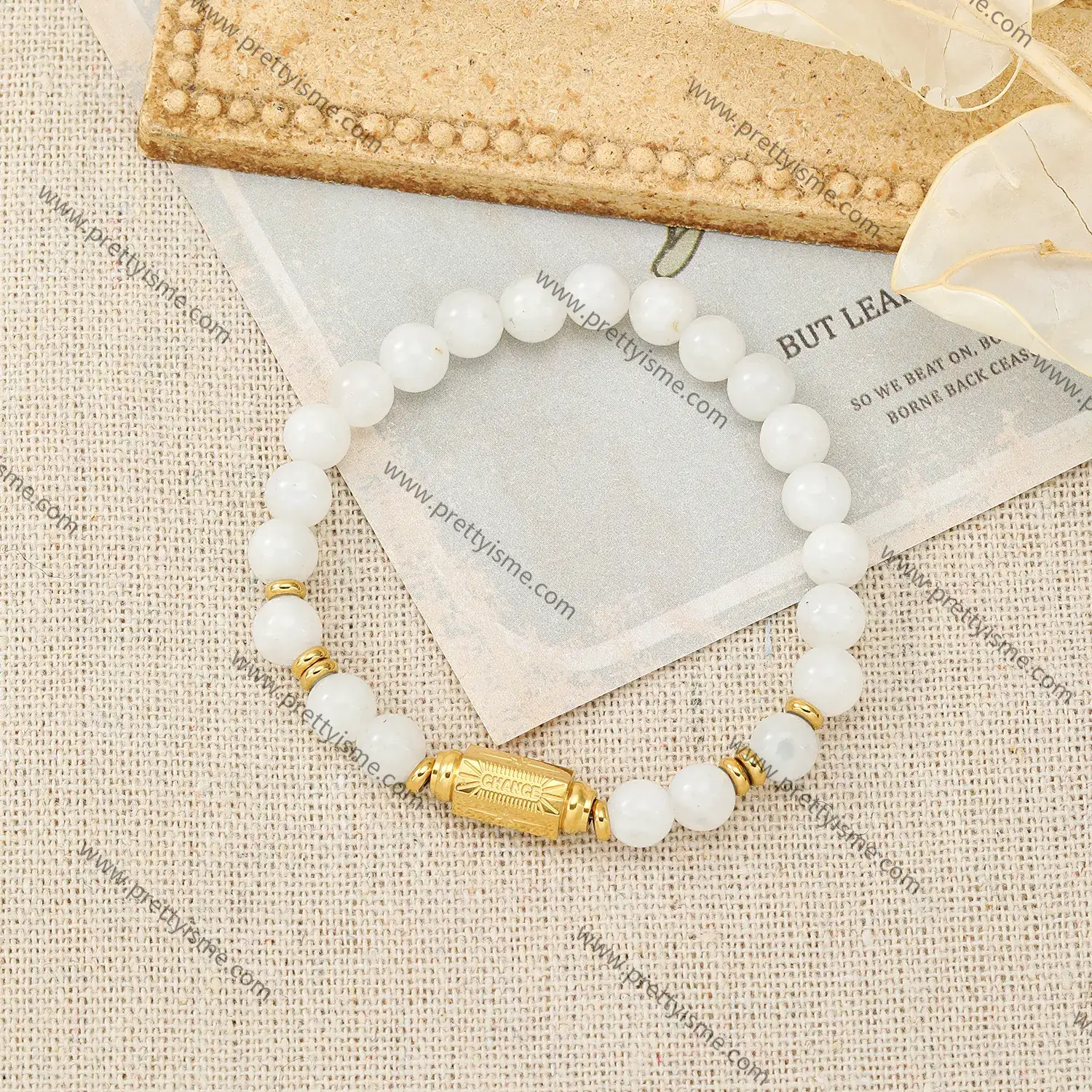 Preppy Style White Pearl Simple Bracelet Gold-plated with Carved CHANCE Stainless Steel Bracelet (2).webp