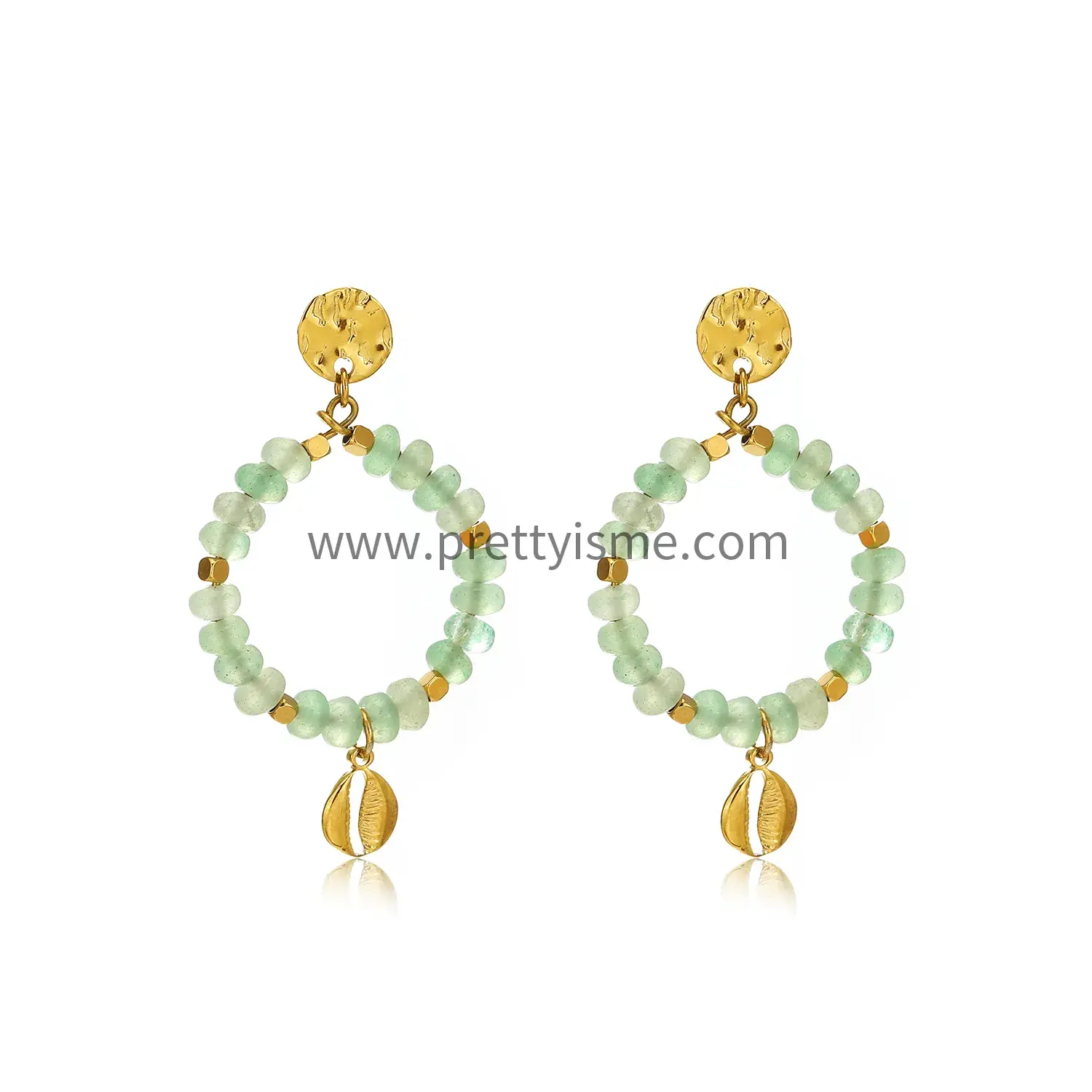Stainless Steel Light Green Bead Earrings Half Round Engraved Band Gold Plated Fashion Earrings (5).webp