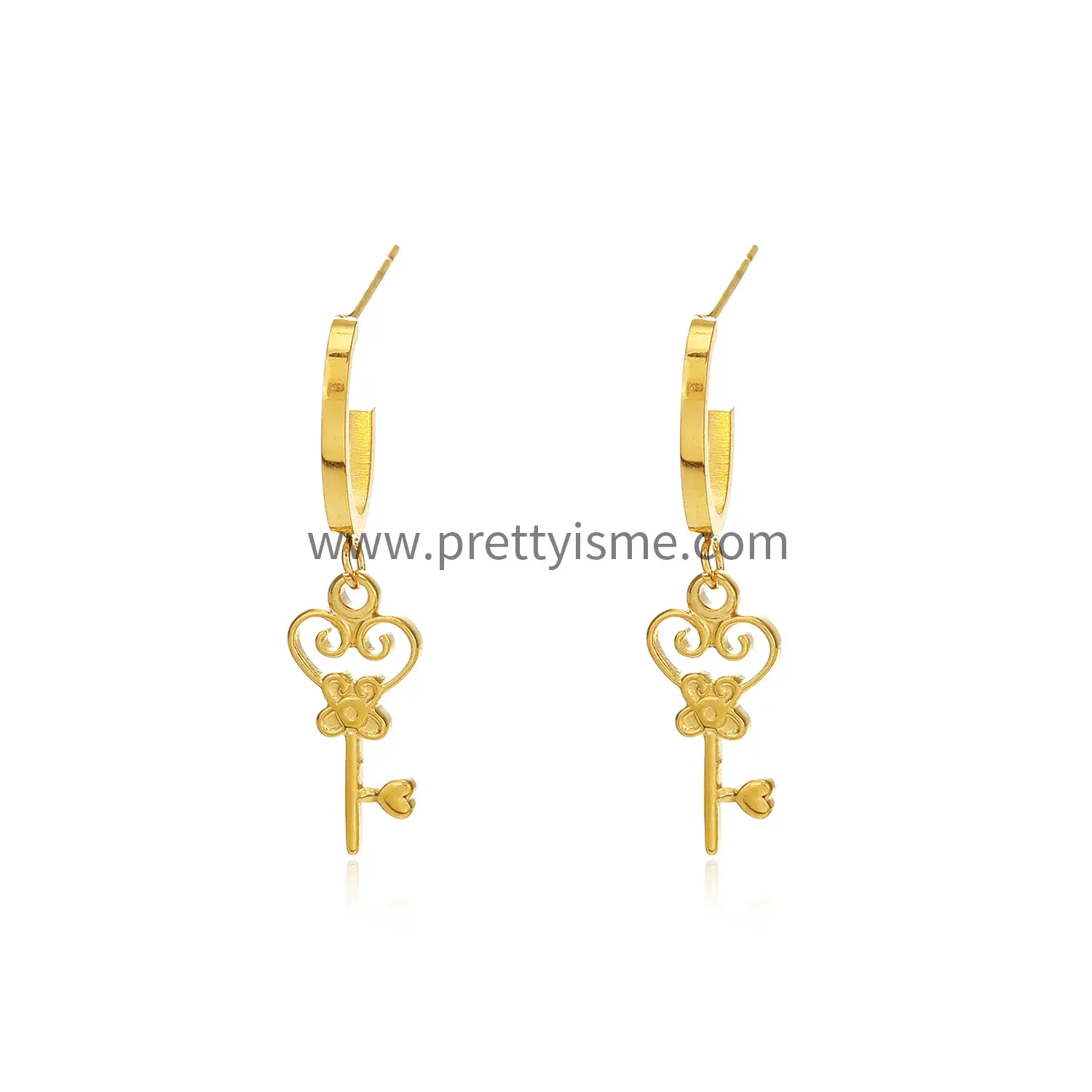 Korean Key Shape Earrings Heart Pattern Engraved Gold Plated Delicate Stainless Steel Earrings (5).webp