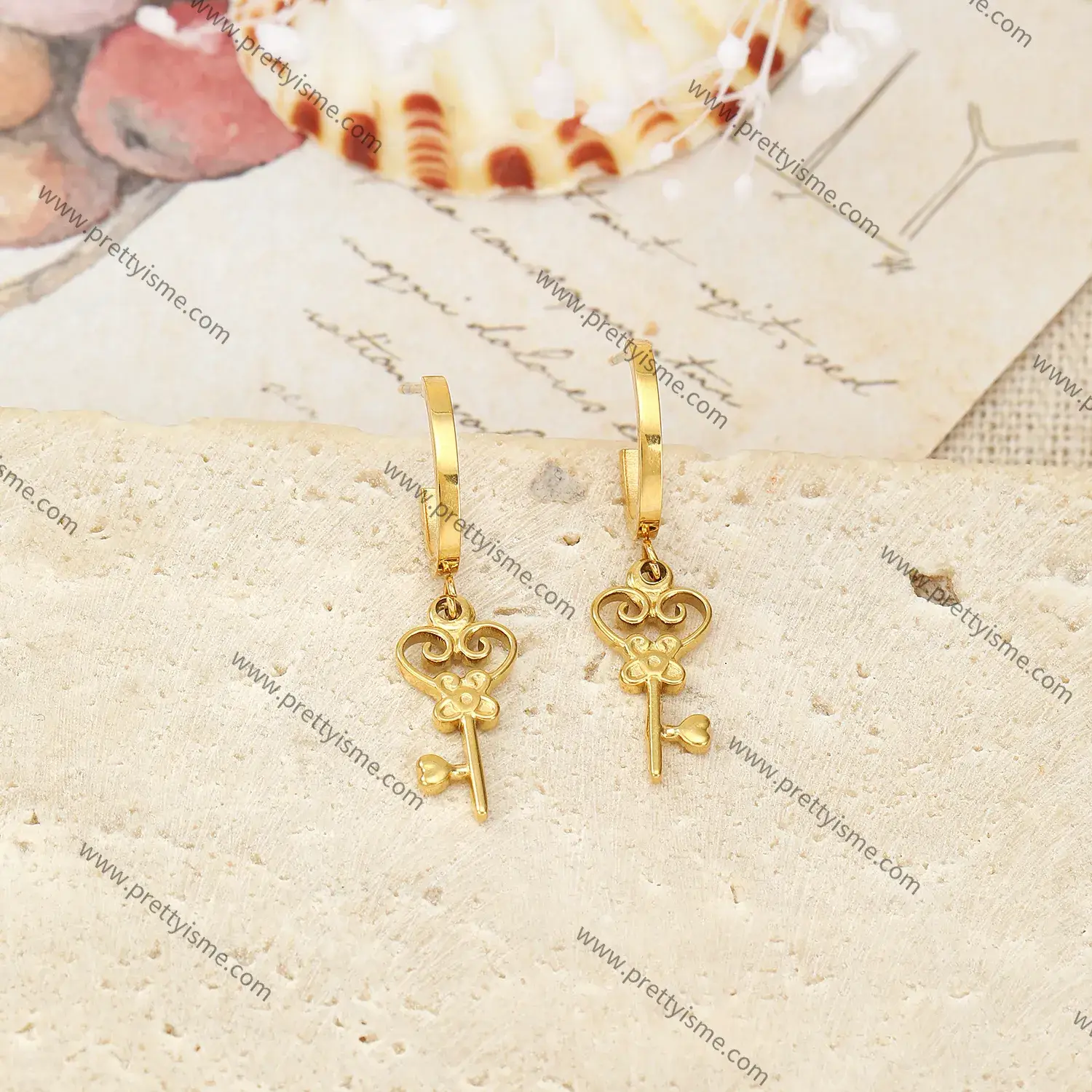 Korean Key Shape Earrings Heart Pattern Engraved Gold Plated Delicate Stainless Steel Earrings.webp