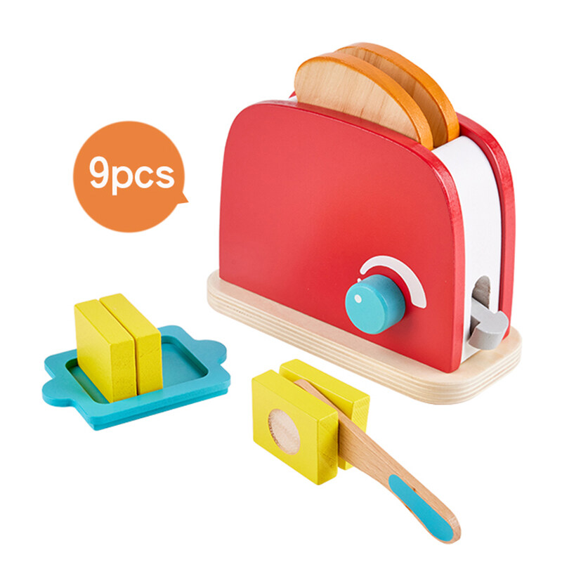 Kids wooden toaster toys red kitchen accessories Educational real mini Pretend role paly