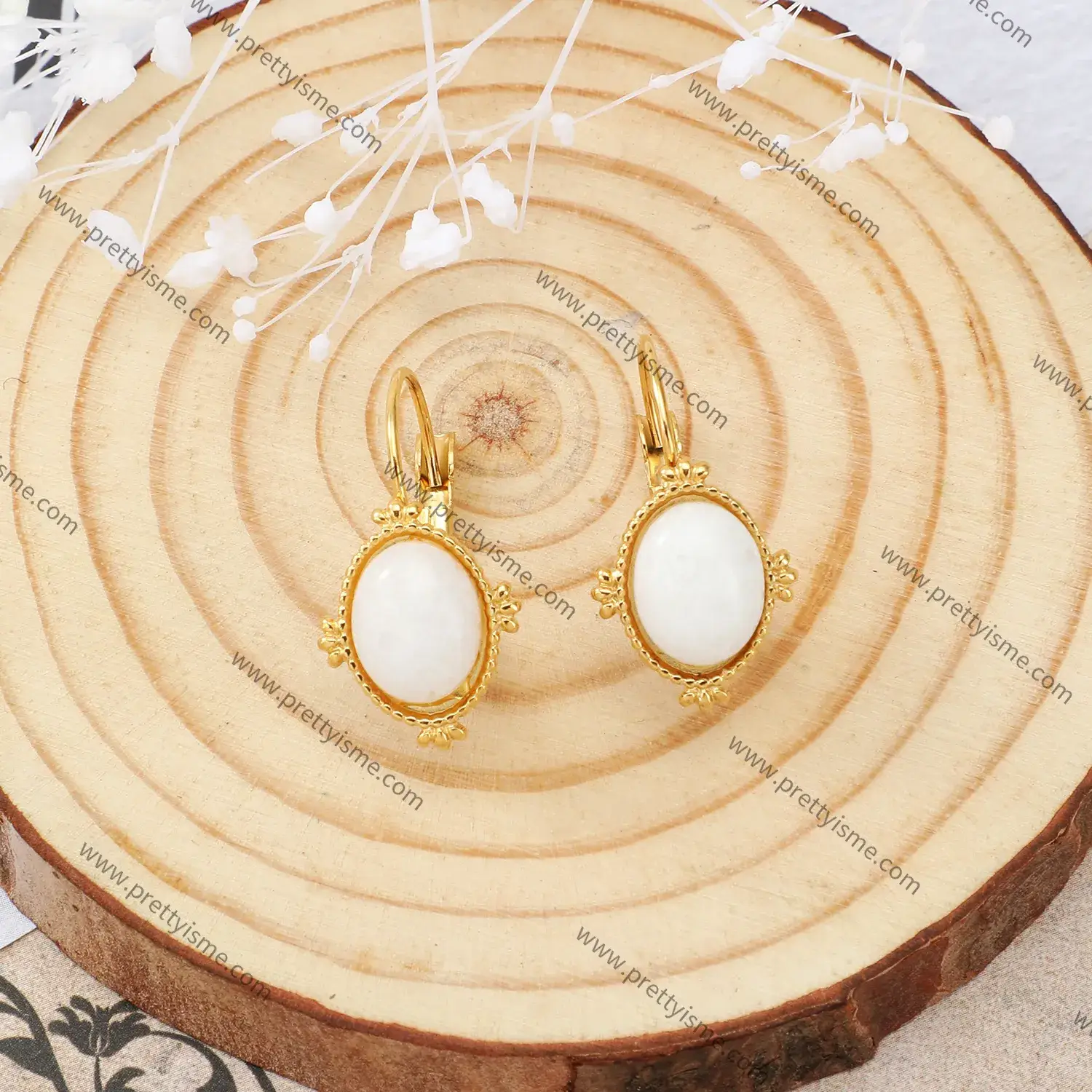 Simple Gold Plated Earrings Set with White Natural Stone Delicate Stainless Steel Earrings (4).webp