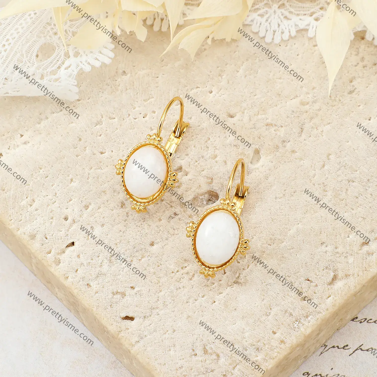 Simple Gold Plated Earrings Set with White Natural Stone Delicate Stainless Steel Earrings.webp
