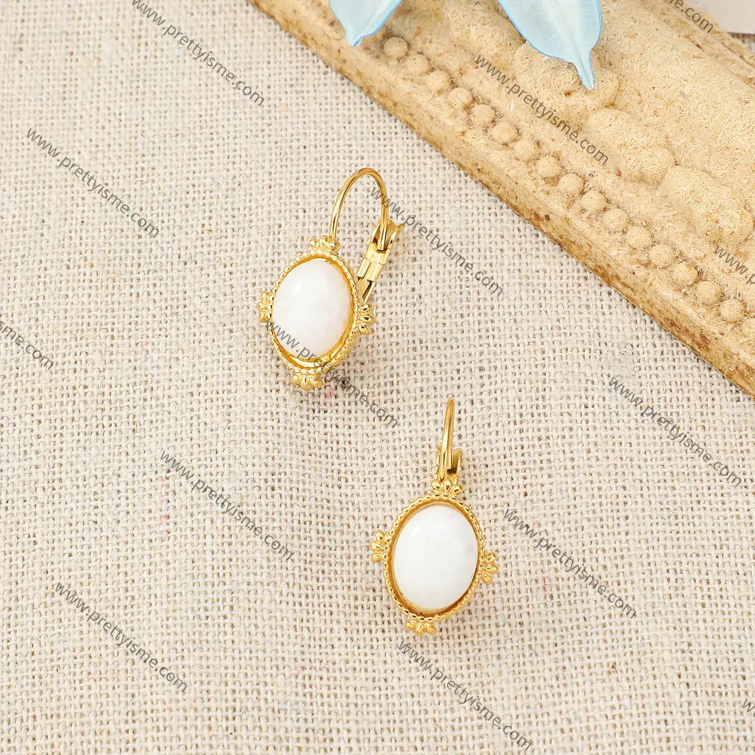 Simple Gold Plated Earrings Set with White Natural Stone Delicate Stainless Steel Earrings (2).webp
