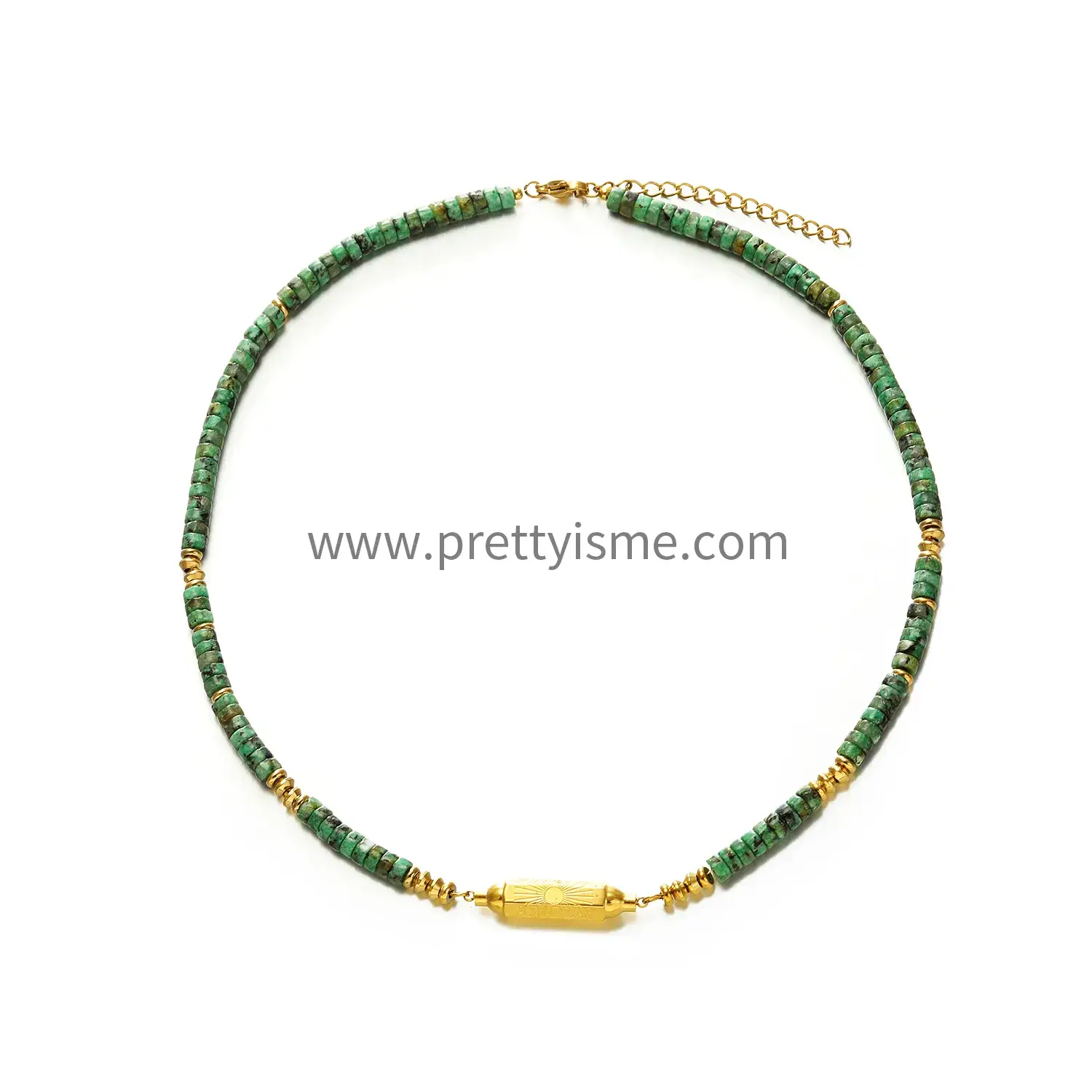 Stainless Steel Green Beaded Pendant Necklace with Textured Gold Plated Engraved Lettering Necklace (5).webp