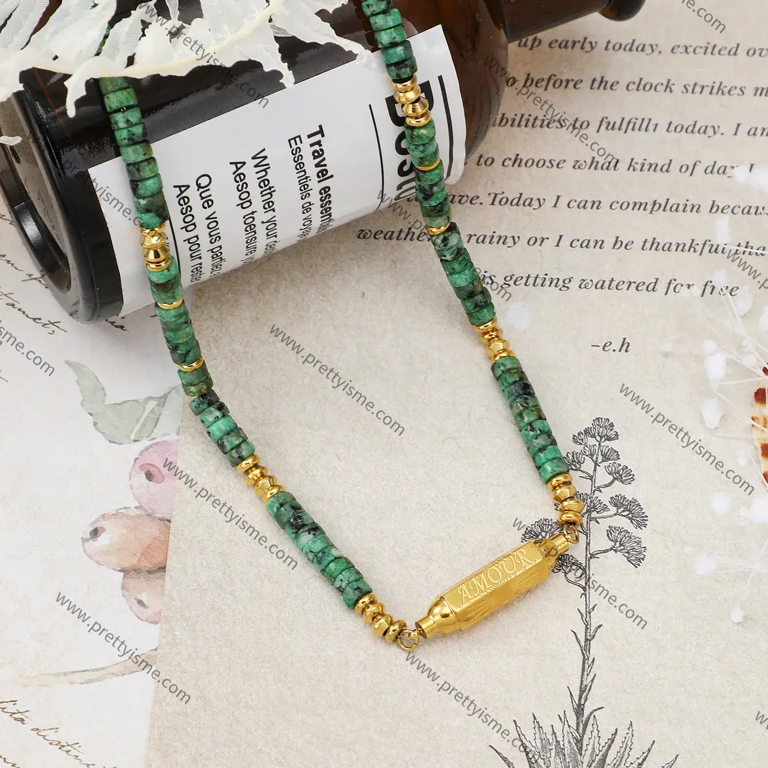 Stainless Steel Green Beaded Pendant Necklace with Textured Gold Plated Engraved Lettering Necklace (3).webp