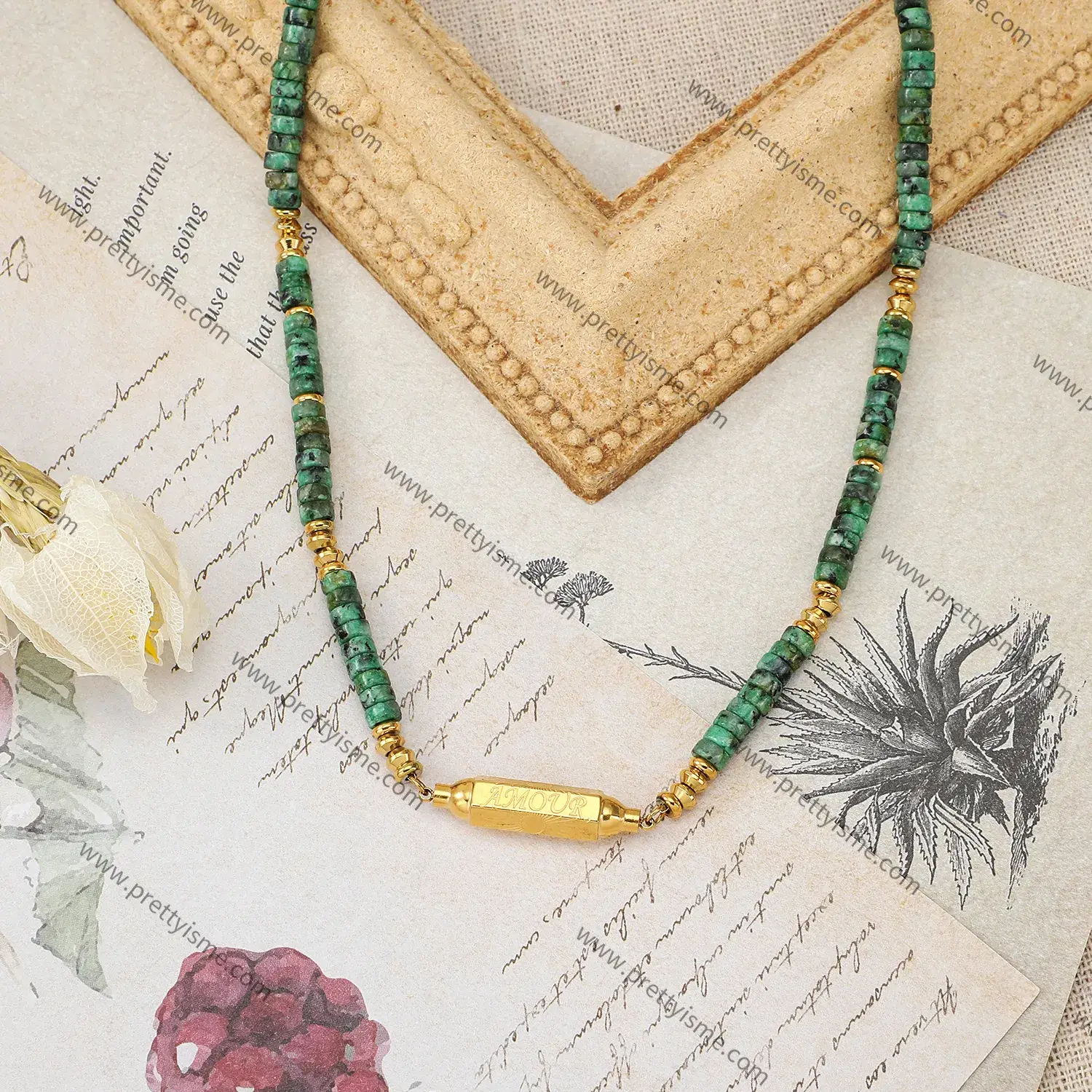 Stainless Steel Green Beaded Pendant Necklace with Textured Gold Plated Engraved Lettering Necklace (4).webp