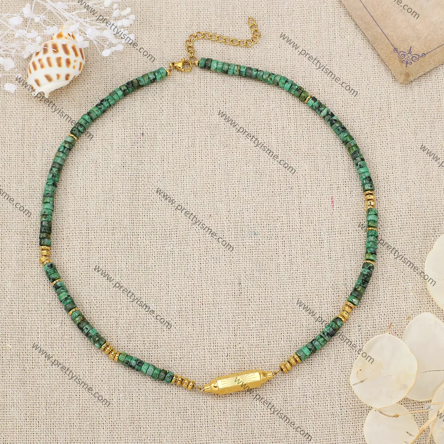 Stainless Steel Green Beaded Pendant Necklace with Textured Gold Plated Engraved Lettering Necklace.webp