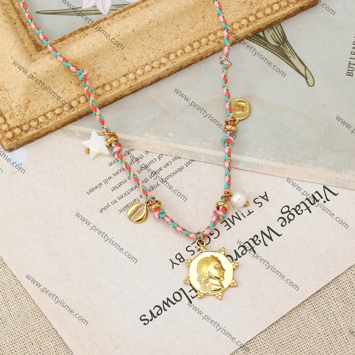 Colorful Rope Pendant Necklace Freshwater Pearl Carved Portrait Pattern Gold Plated Necklace (2).webp