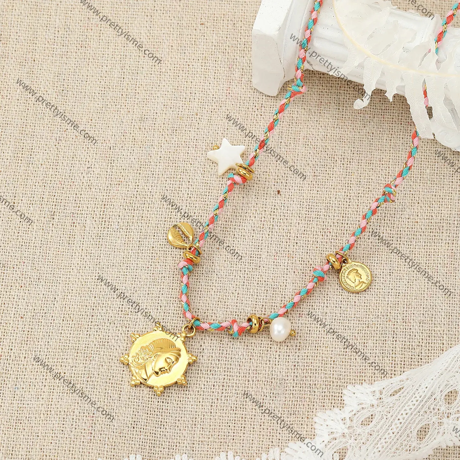Colorful Rope Pendant Necklace Freshwater Pearl Carved Portrait Pattern Gold Plated Necklace.webp