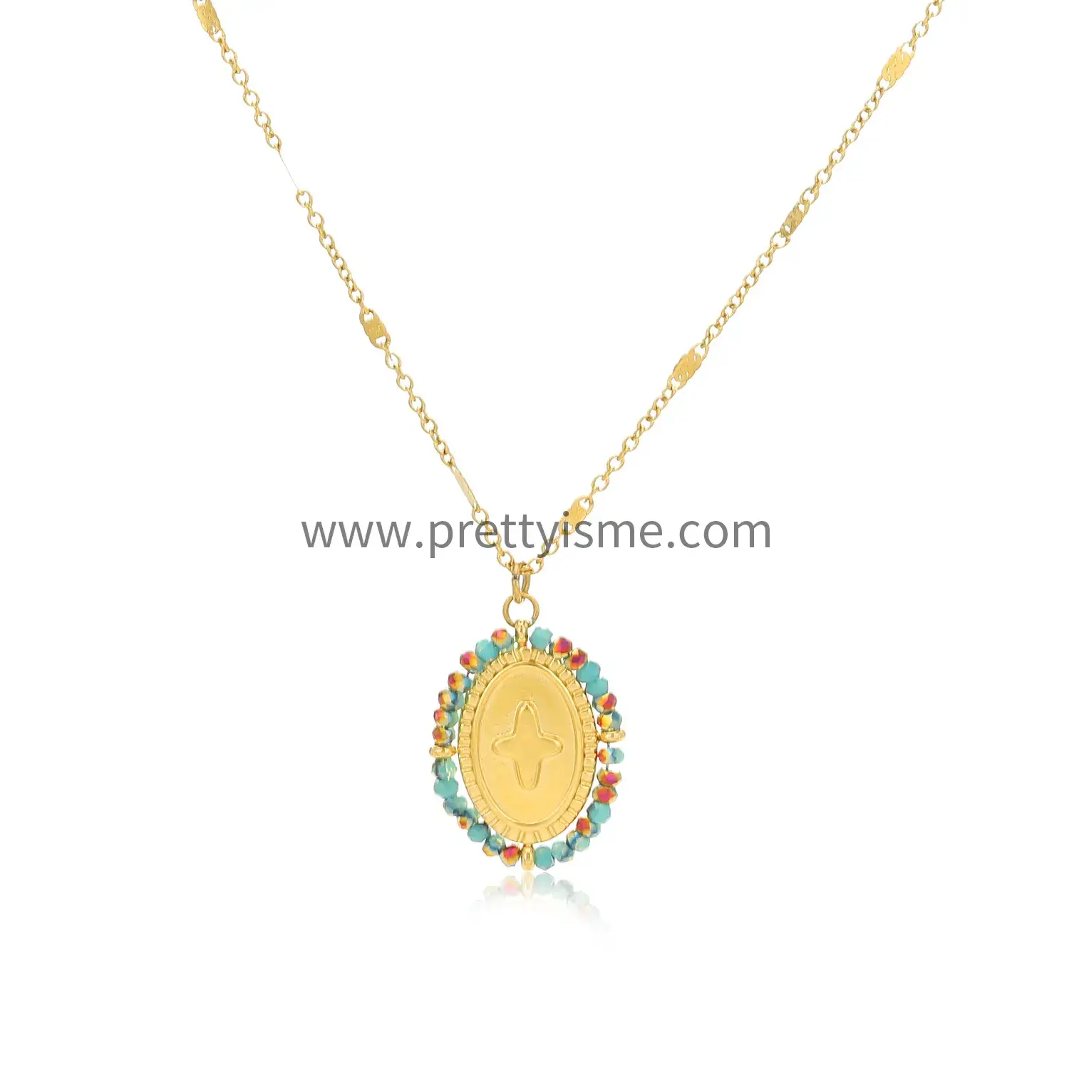 Stainless Steel Pendant Necklace Small Color Stone Beaded Engraved Cross Pattern Gold Plated Necklace (5).webp