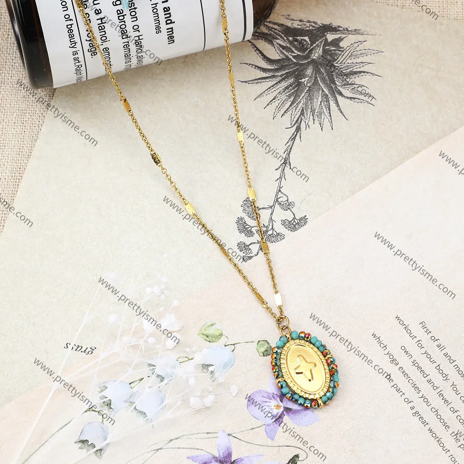Stainless Steel Pendant Necklace Small Color Stone Beaded Engraved Cross Pattern Gold Plated Necklace (2).webp