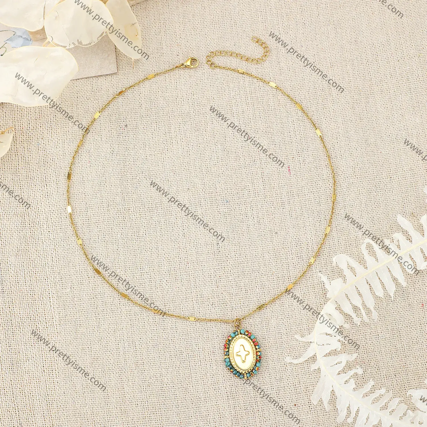 Stainless Steel Pendant Necklace Small Color Stone Beaded Engraved Cross Pattern Gold Plated Necklace (3).webp