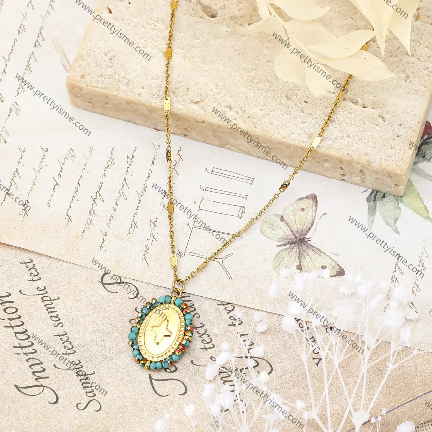 Stainless Steel Pendant Necklace Small Color Stone Beaded Engraved Cross Pattern Gold Plated Necklace.webp